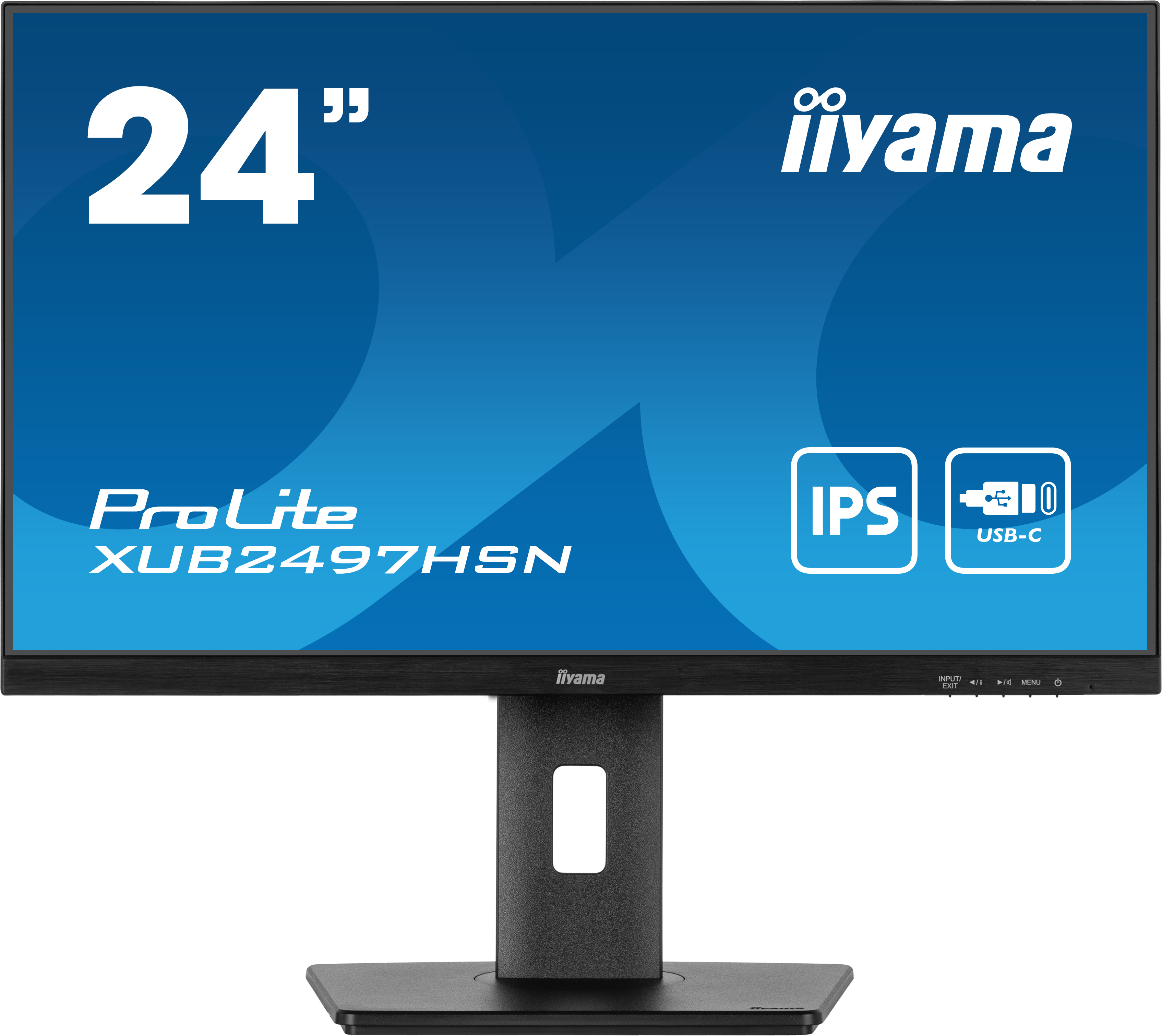 Czarny monitor z wyświetlaczem 24", niebieskim tłem i marką Iiyama.