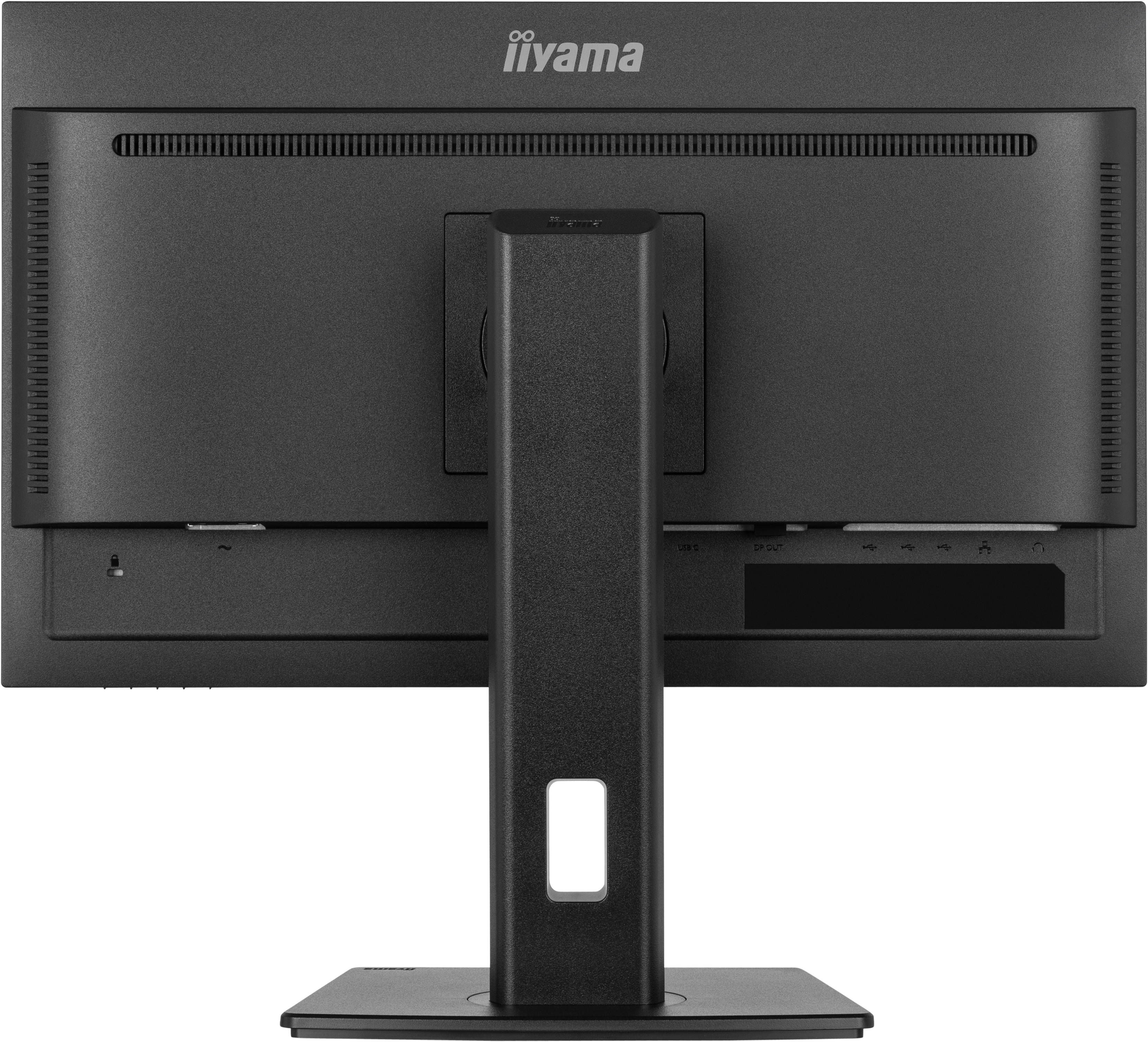 Tył czarnego monitora Iiyama z różnymi portami i podstawką. Pokazuje podstawkę i porty.