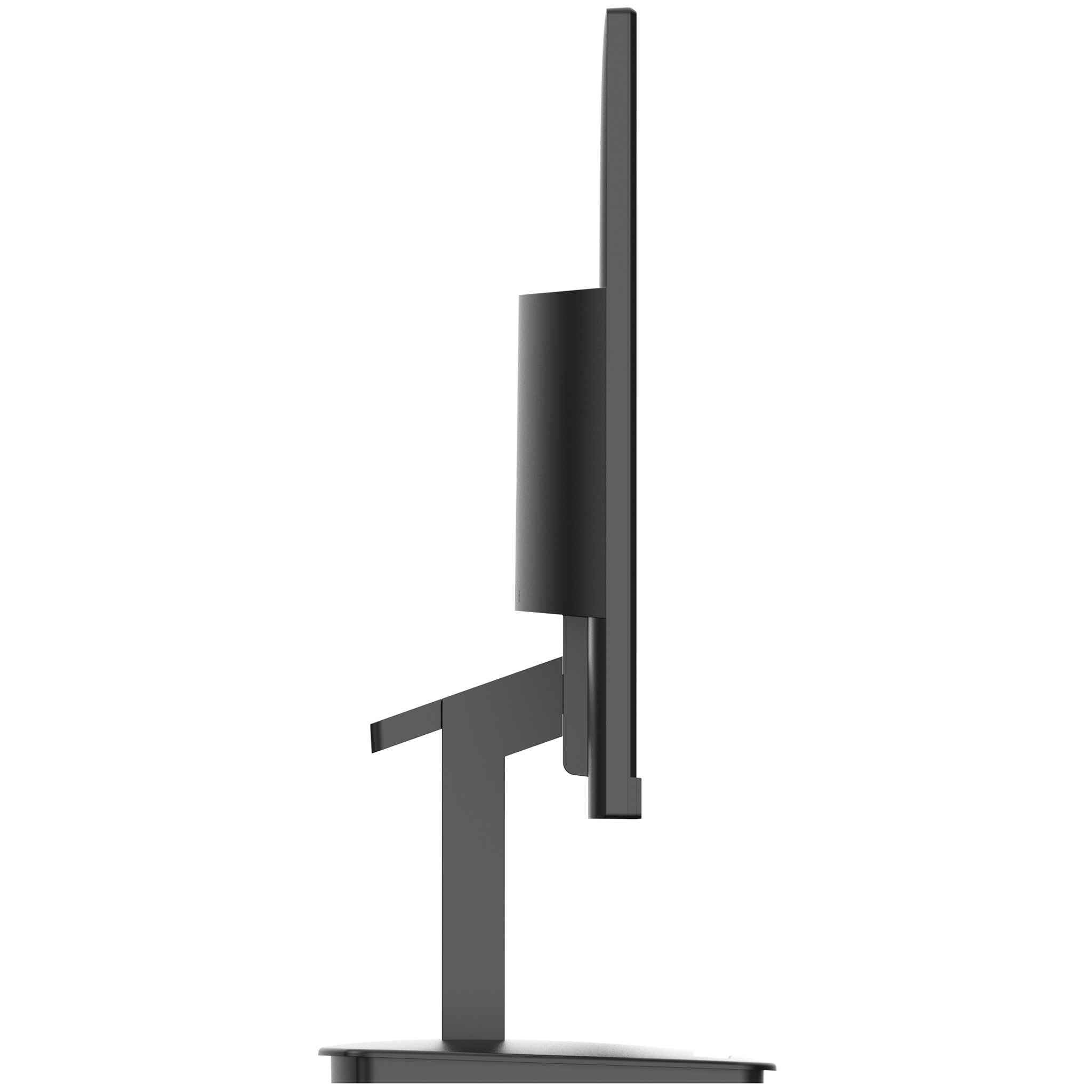 Widok z boku czarnego monitora z cienką ramką i podstawką. Białe tło.