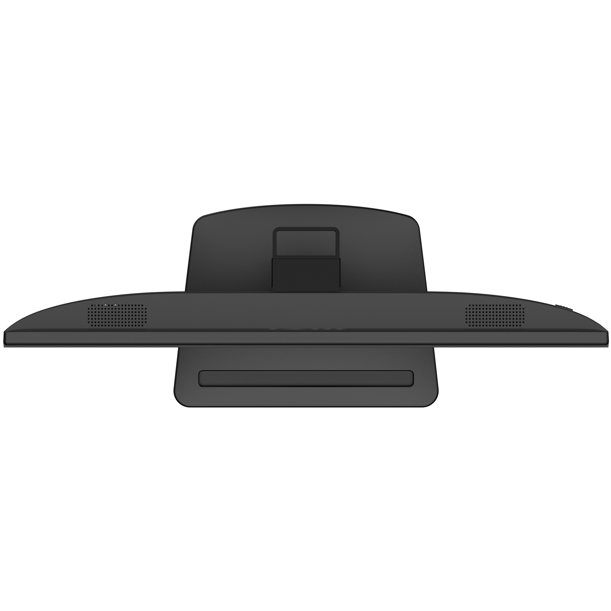 Widok z góry czarnego monitora z dwoma głośnikami na przedniej krawędzi. Monitor stoi na czarnym stojaku.