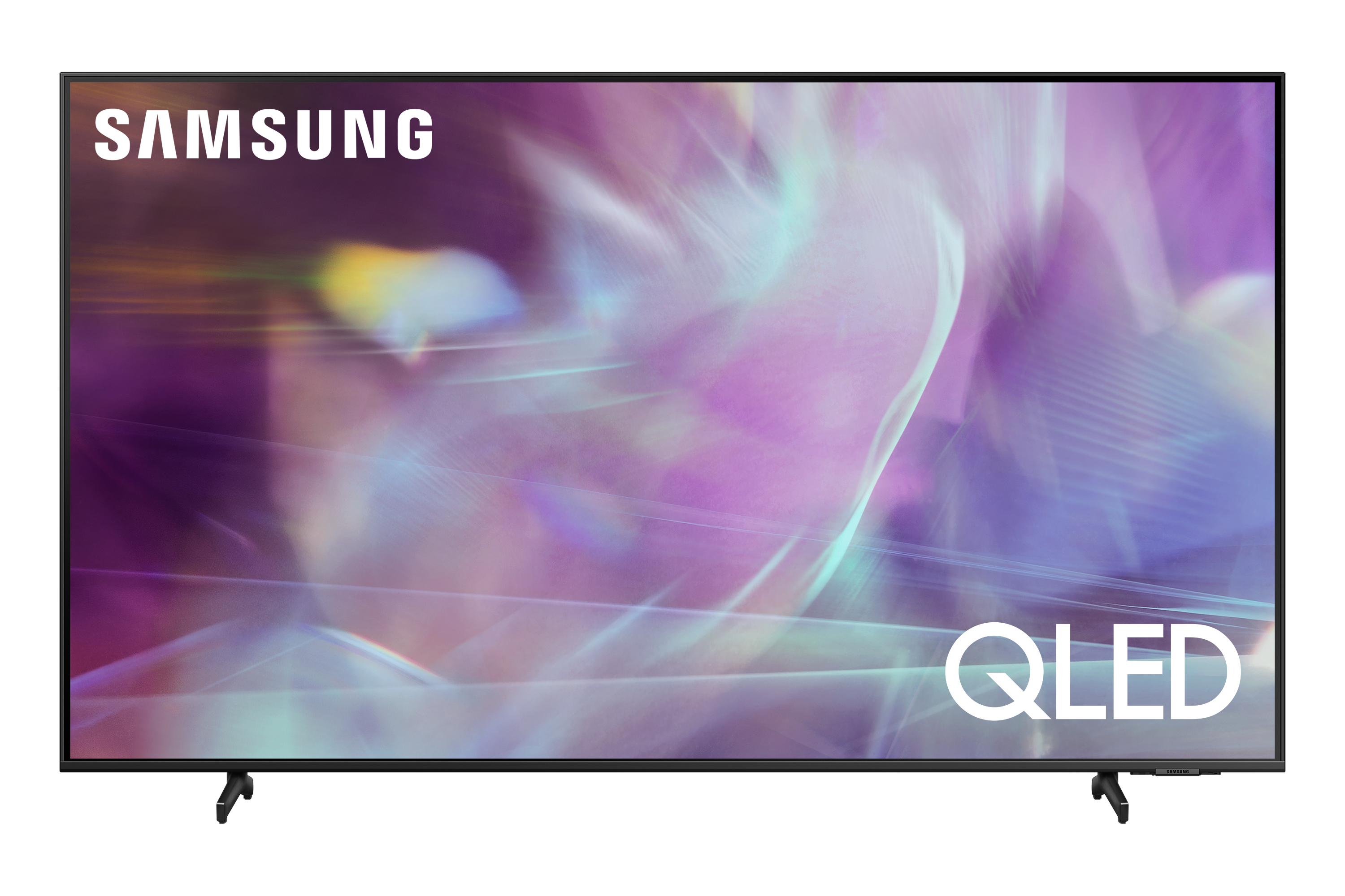 Telewizor Samsung QLED, biały tekst na ekranie, czarna ramka i dwie małe nóżki.