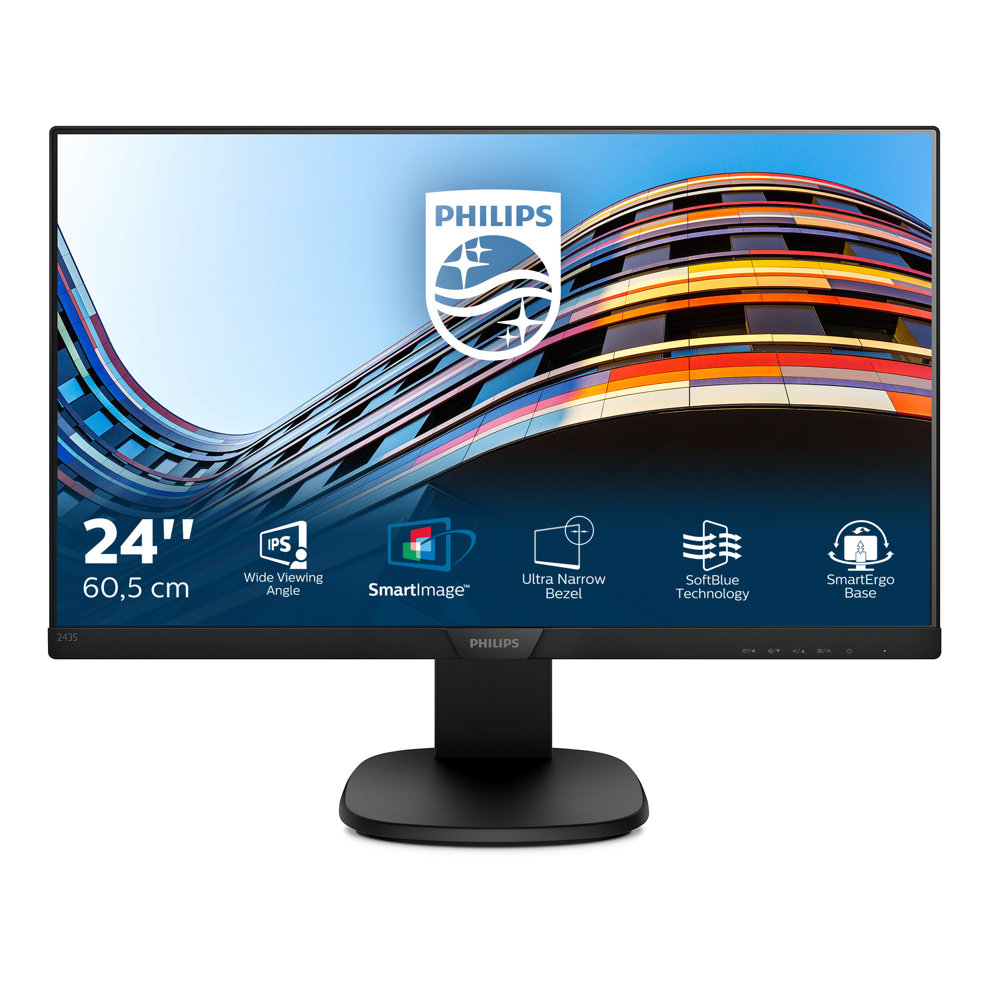 Un monitor Philips nero mostra informazioni. Ha un supporto nero e sfondo bianco.
