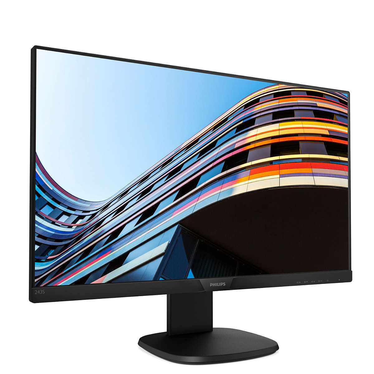 Monitor Philips. Lo schermo mostra un edificio colorato astratto. Cornice e supporto neri. Sfondo bianco.