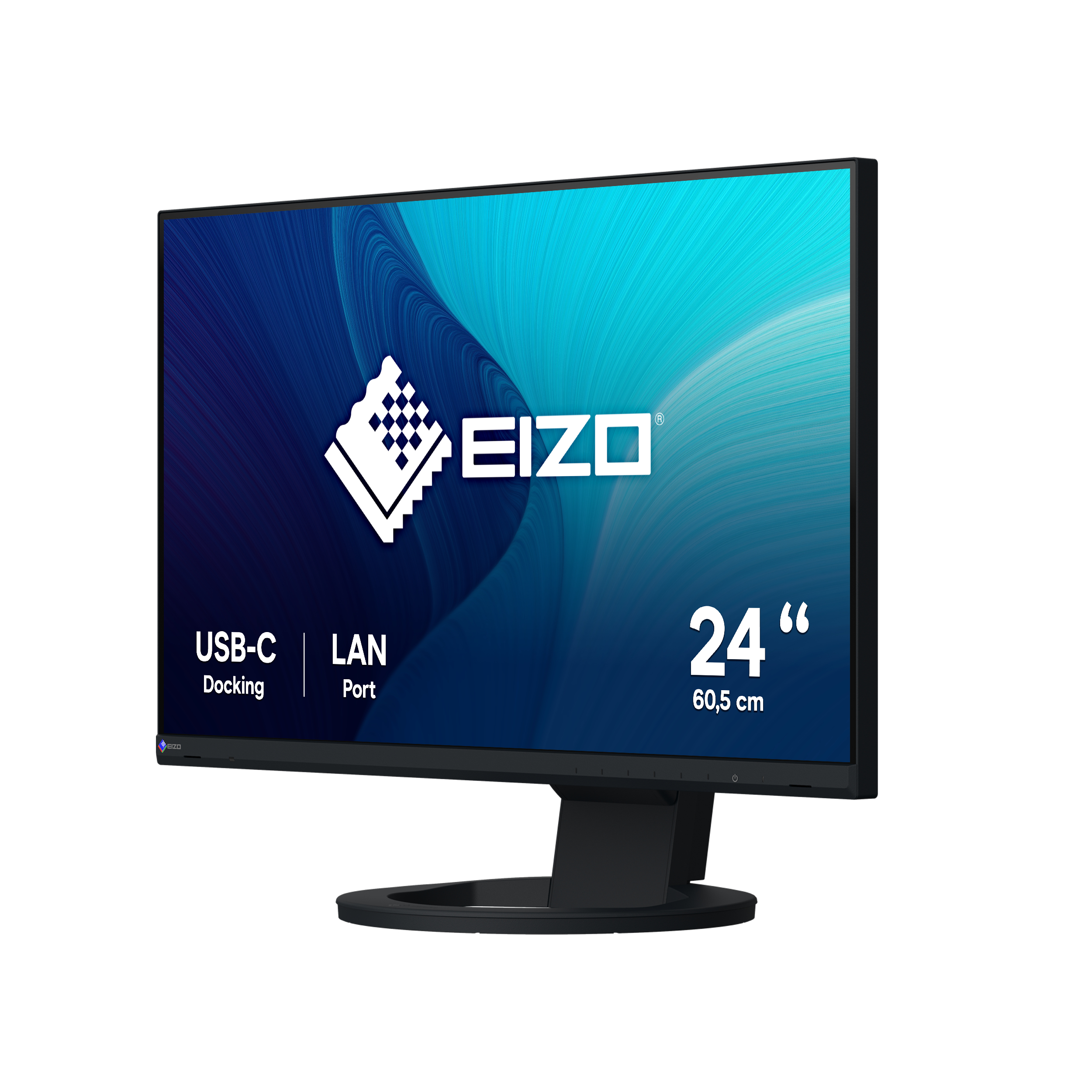 A black monitor showing a blue and white gradient, with branding.