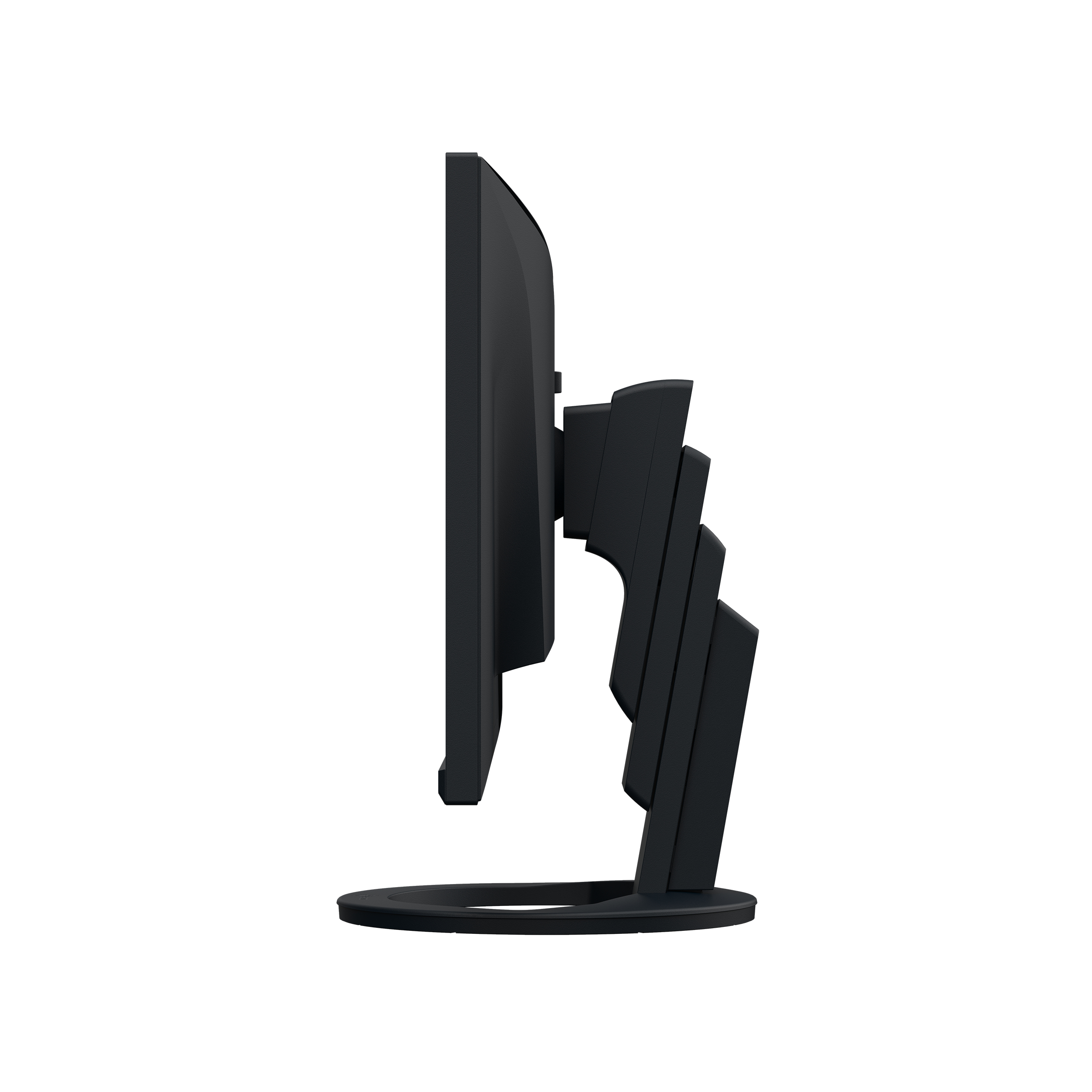 Monitor side view, black, black stand, angled view, black frame, black stand, isolated.