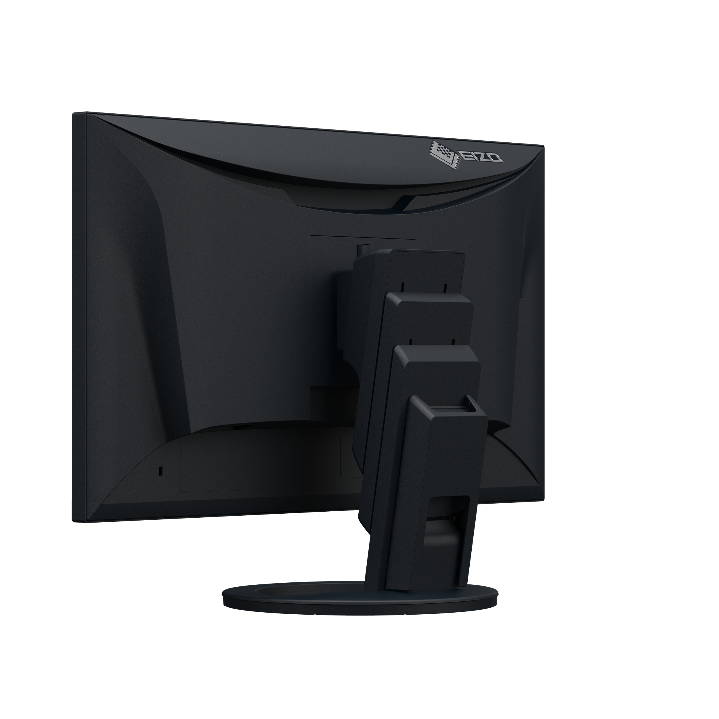 The back of a black monitor with a stand attached.
