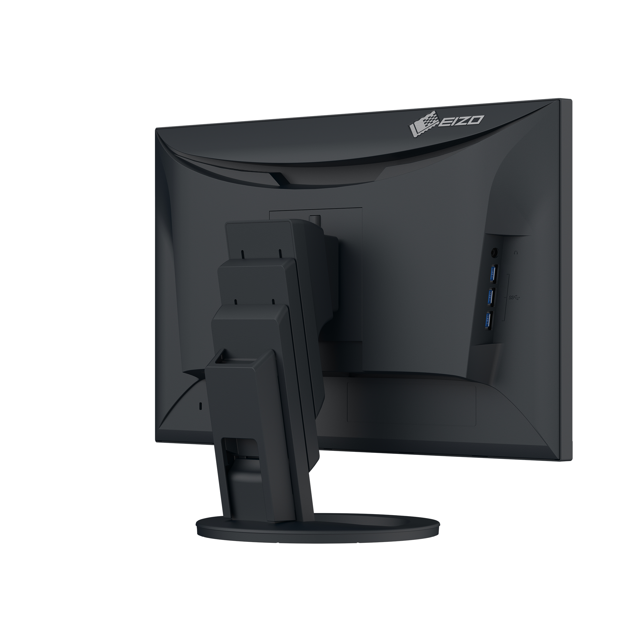 Black EIZO monitor back, with ports and a stand with adjustable height.