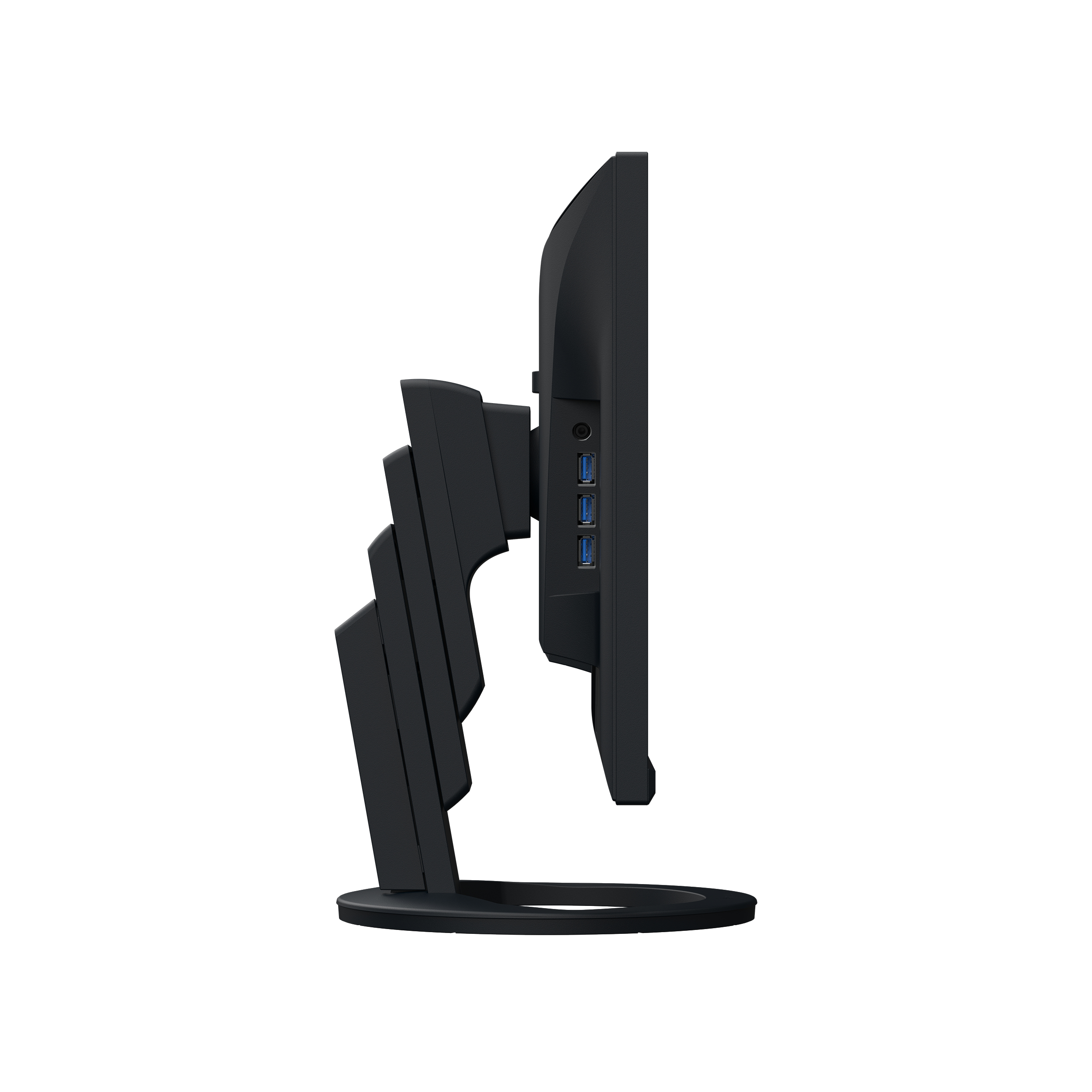 Side view of a black monitor with multiple ports on the side. It has a unique stand.