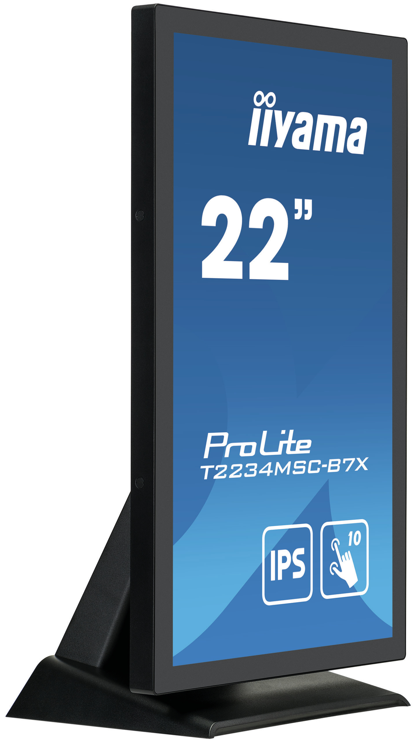 Ein vertikaler 22-Zoll-Monitor mit blauem Bildschirm, der Text und Symbole anzeigt.