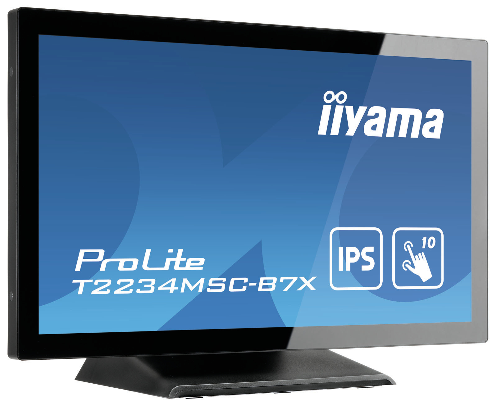 Ein schwarzer iiyama ProLite Monitor mit Touchscreen-Technologie und der Modellnummer T2234MSC-B7X auf dem Bildschirm.