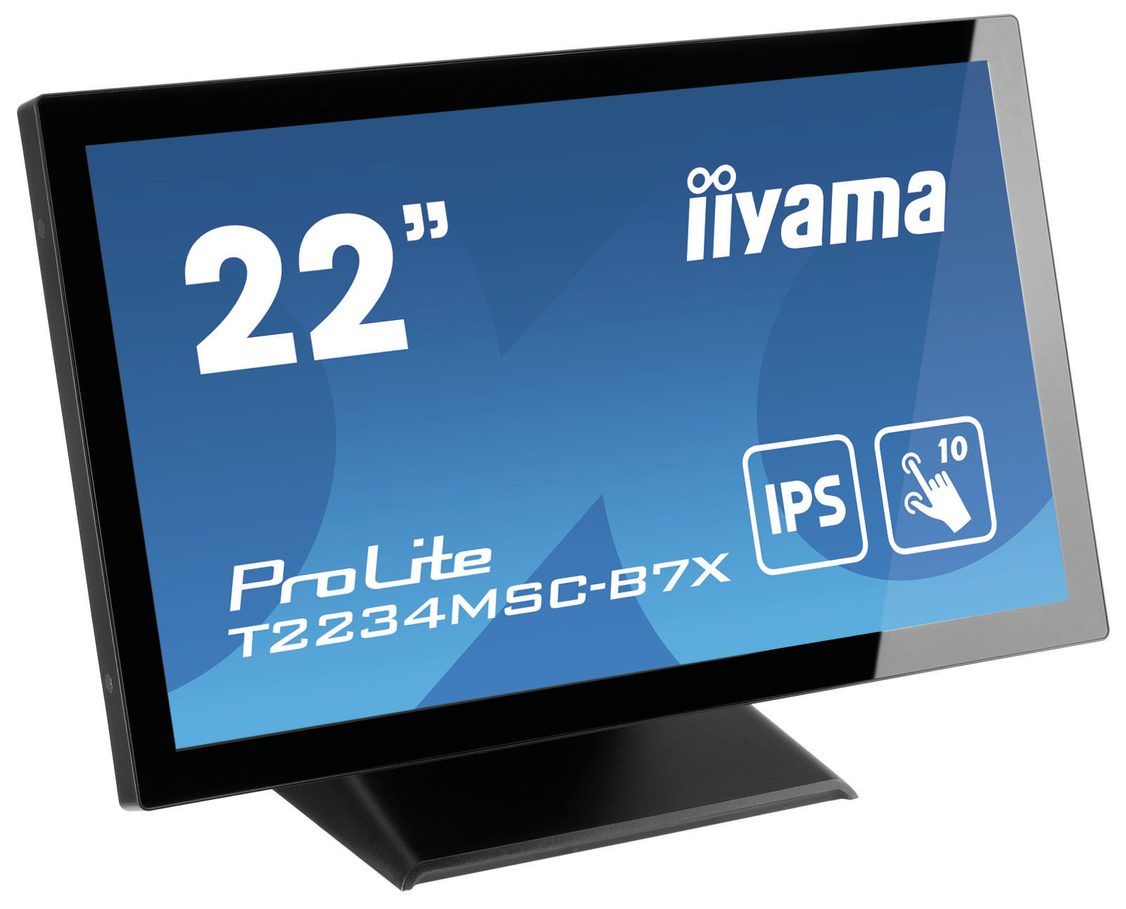 Ein schwarzer Monitor mit blauem Bildschirm, der Text und Touchscreen-Symbole anzeigt.