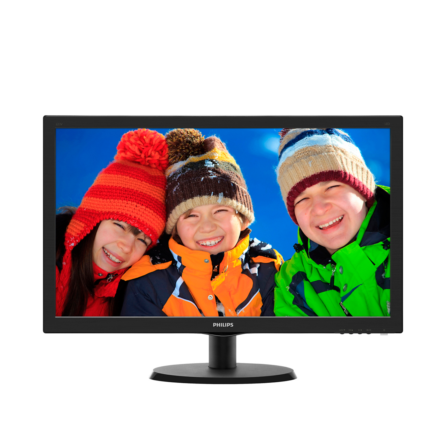 Monitor Philips, mostra tre bambini in abiti invernali, cielo blu.