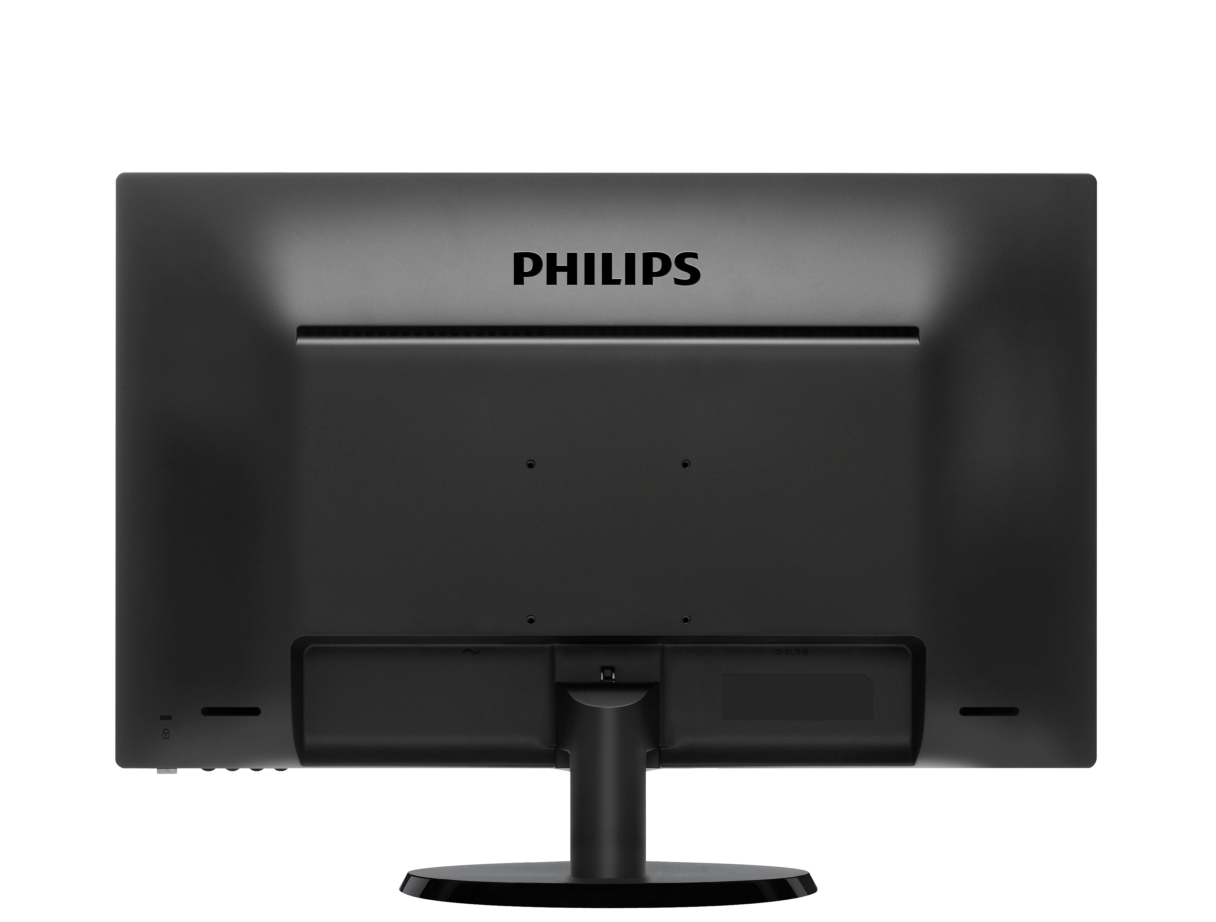Retro del monitor con logo Philips. Il monitor è nero. Il supporto si collega in basso.