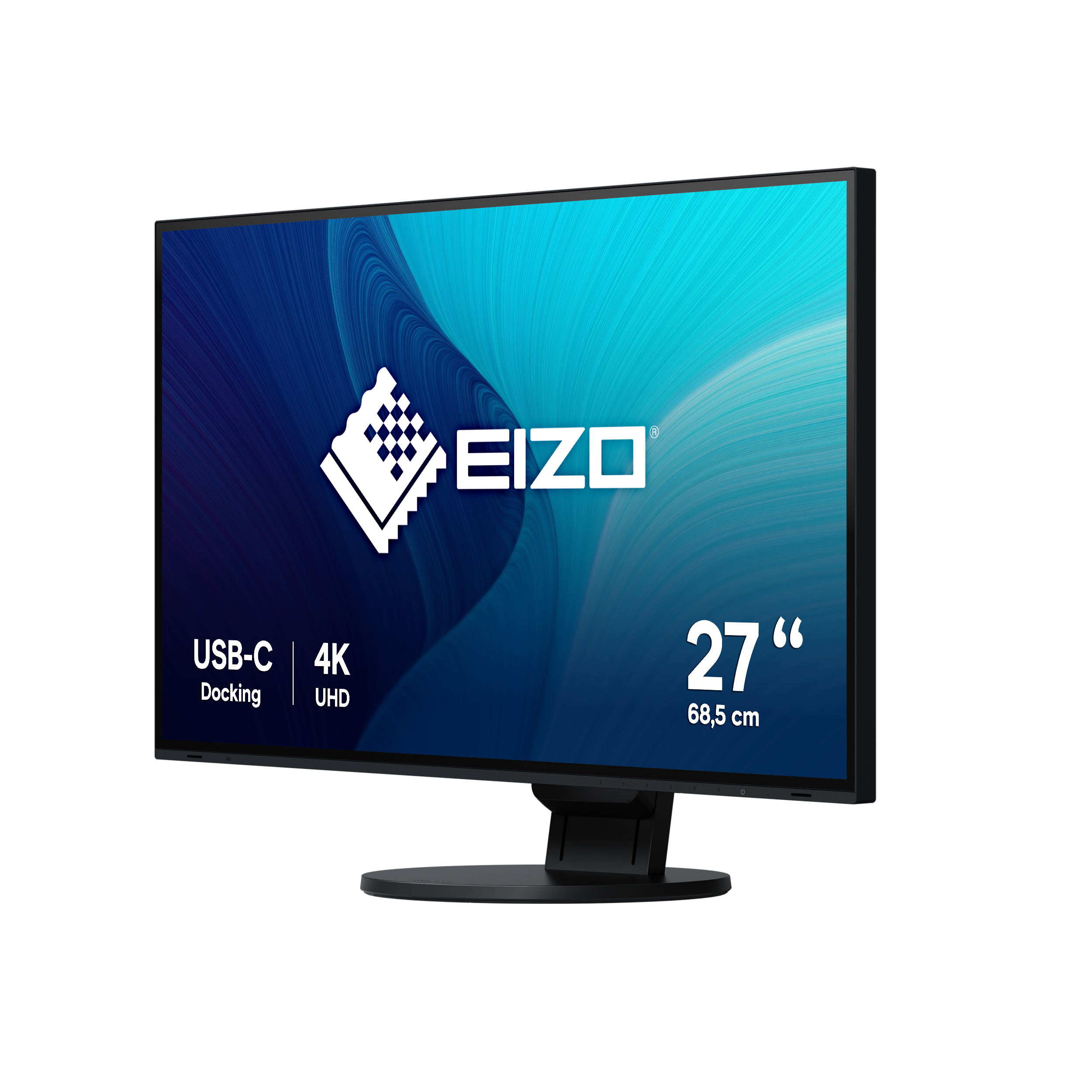 27-Zoll-EIZO-Monitor, schwarz mit blauem und weißem Bildschirm. Das Wort EIZO ist sichtbar.