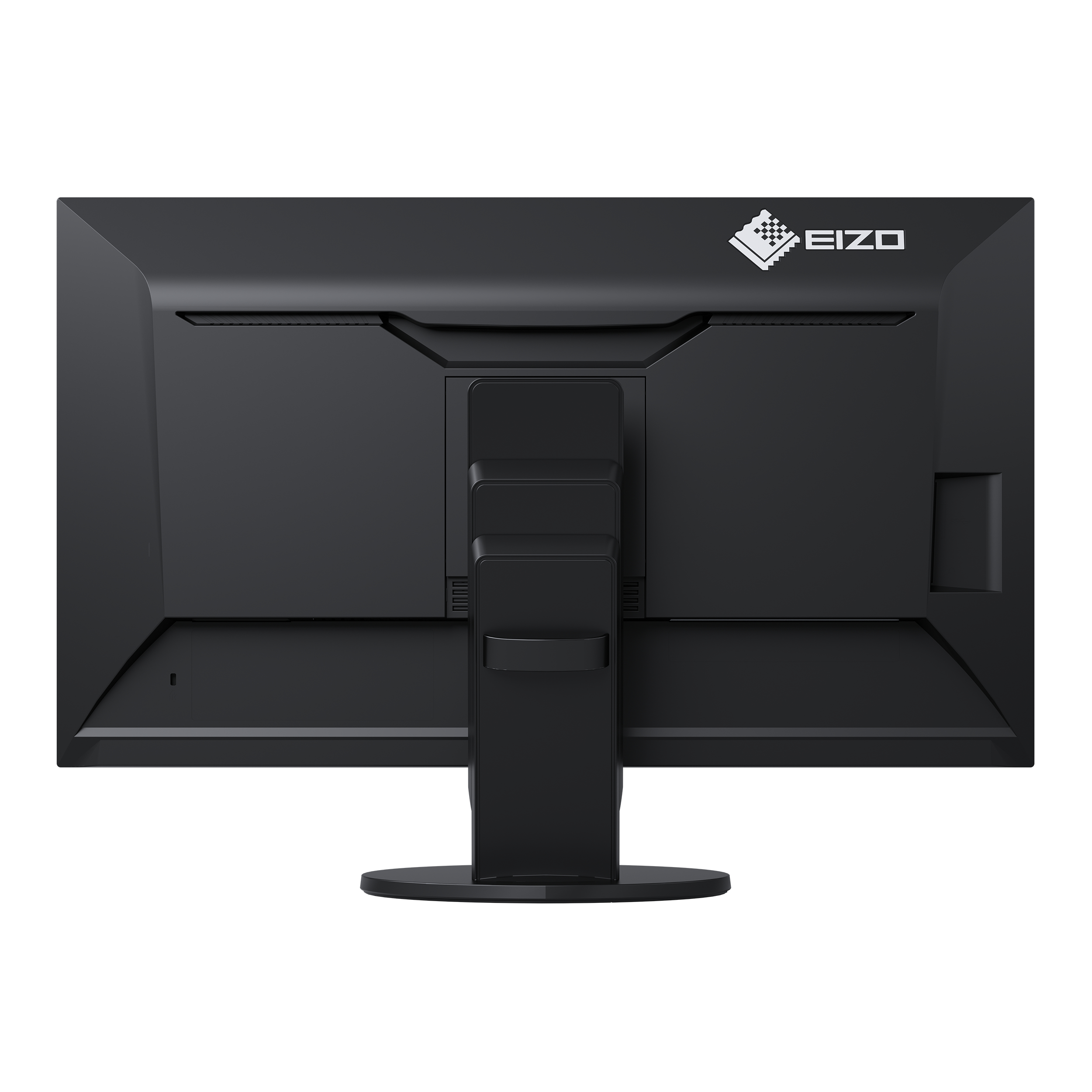 Rückseite eines schwarzen EIZO-Monitors mit Ständer.