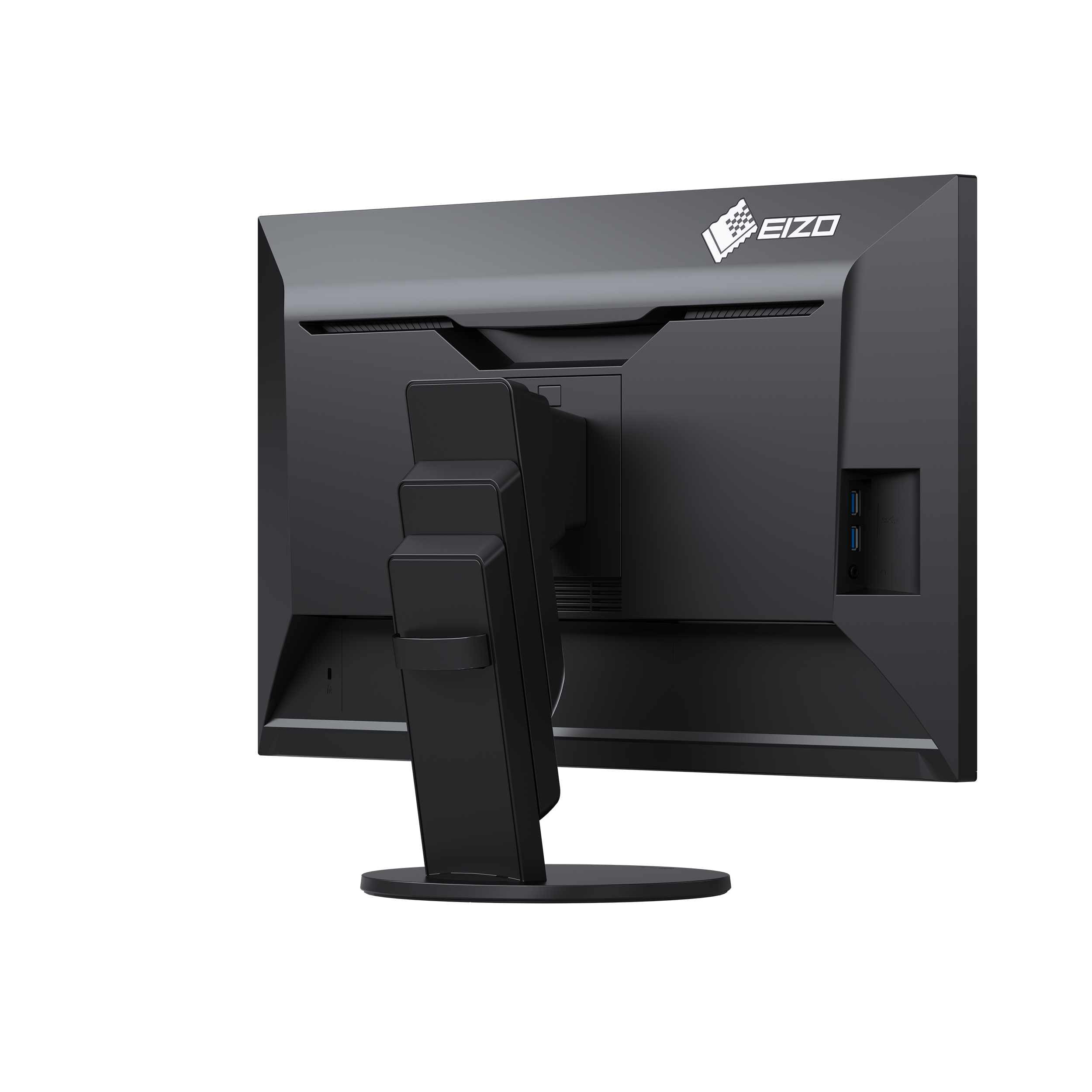 Die Rückseite eines schwarzen Monitors mit dem EIZO-Logo ist abgebildet.