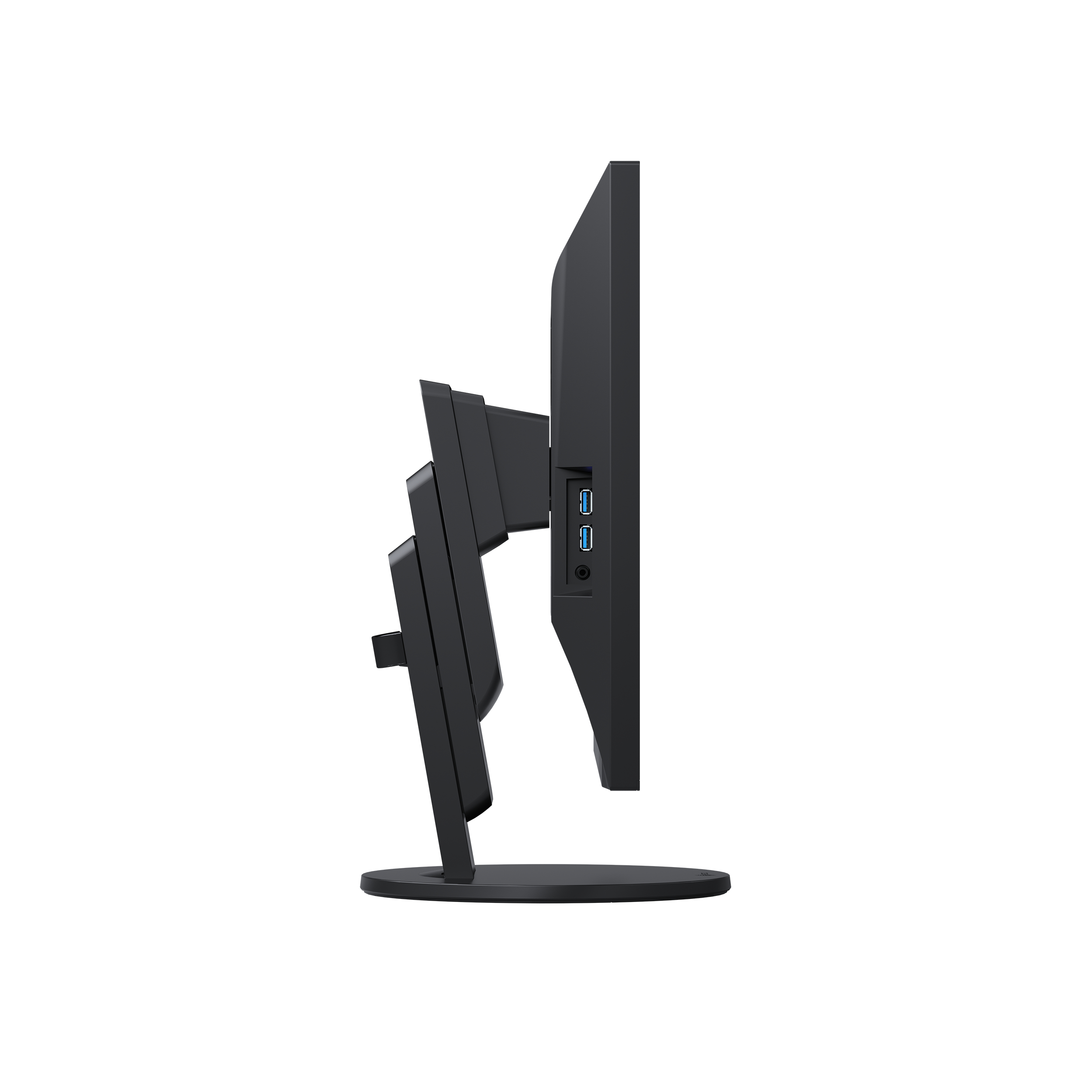 Seitenansicht eines Monitors mit Ständer. Zeigt Anschlüsse und ein schlankes Design.