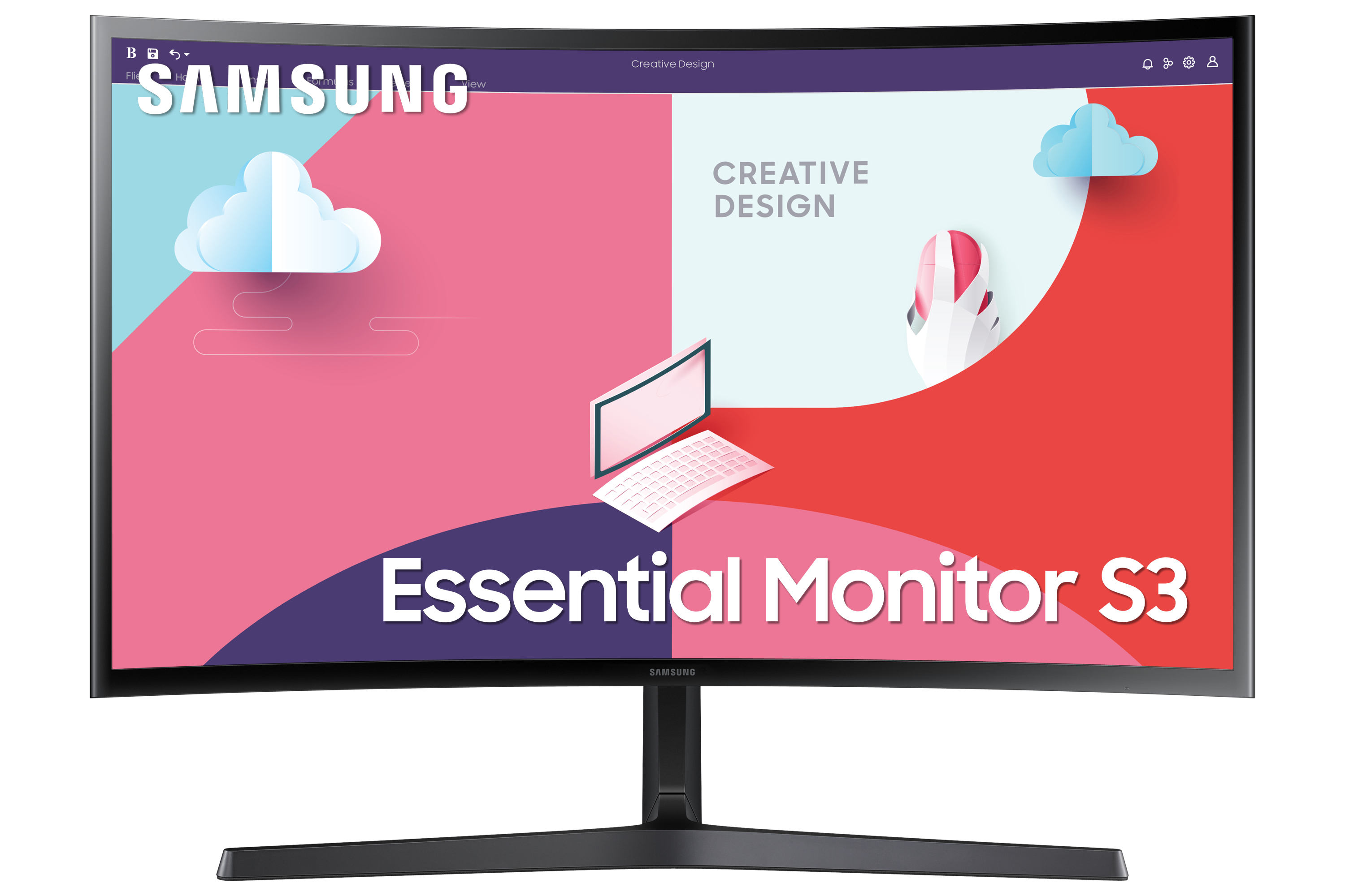 Il monitor Samsung mostra un design creativo con nuvole e un mouse per computer.