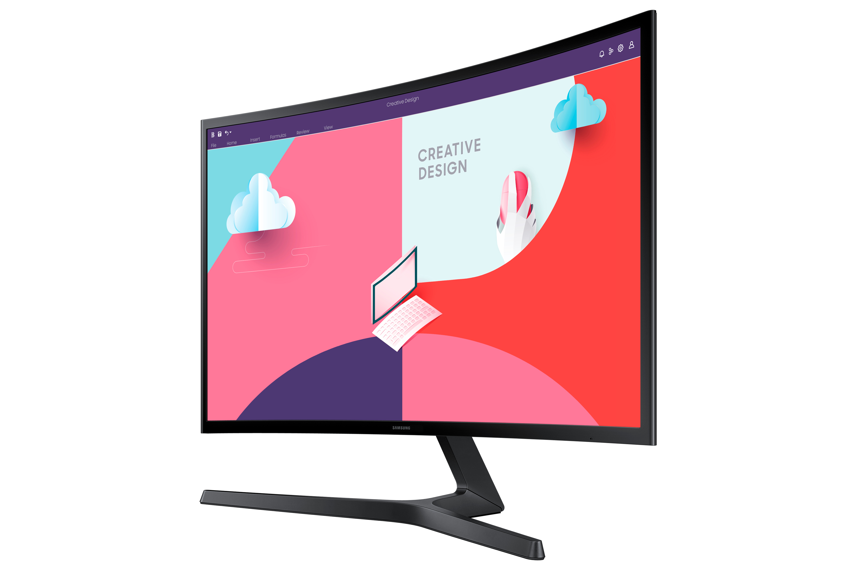 Monitor curvo che mostra un design creativo. Il monitor ha una cornice e un supporto neri su sfondo bianco.