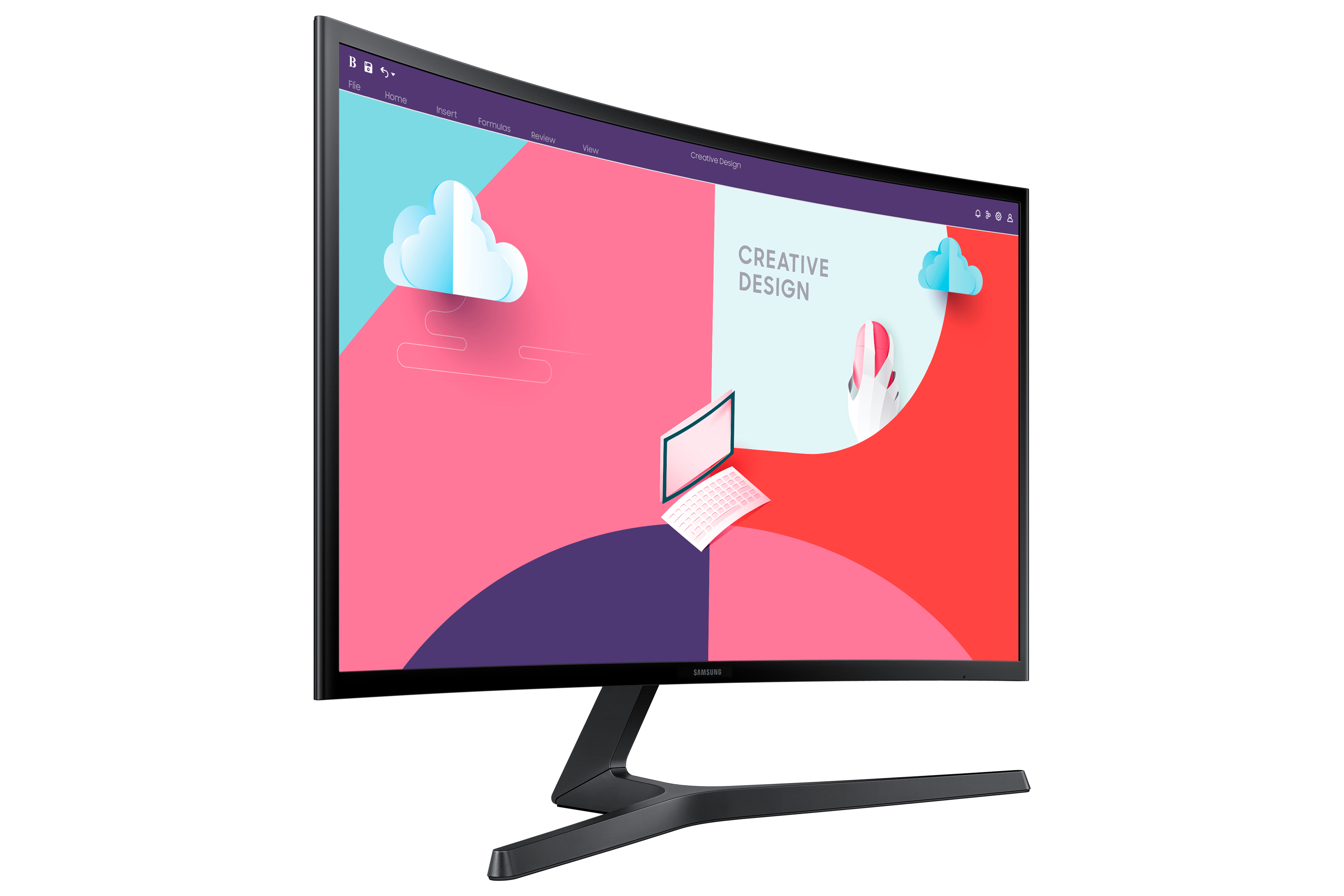 Monitor curvo con interfaccia di design creativo, nuvole bianche e laptop.