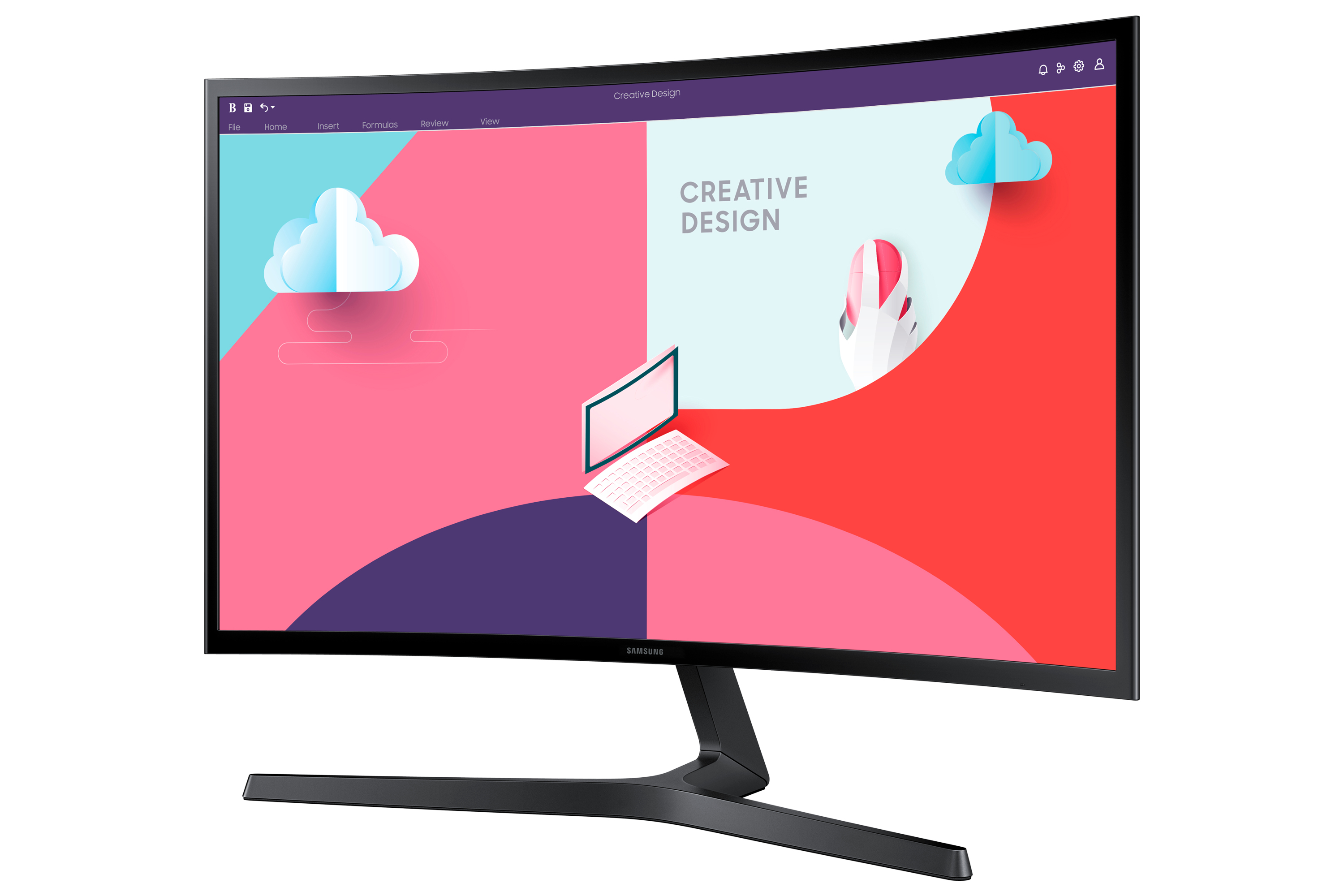 Un monitor Samsung curvo mostra un design creativo. Il monitor è nero, sfondo bianco.