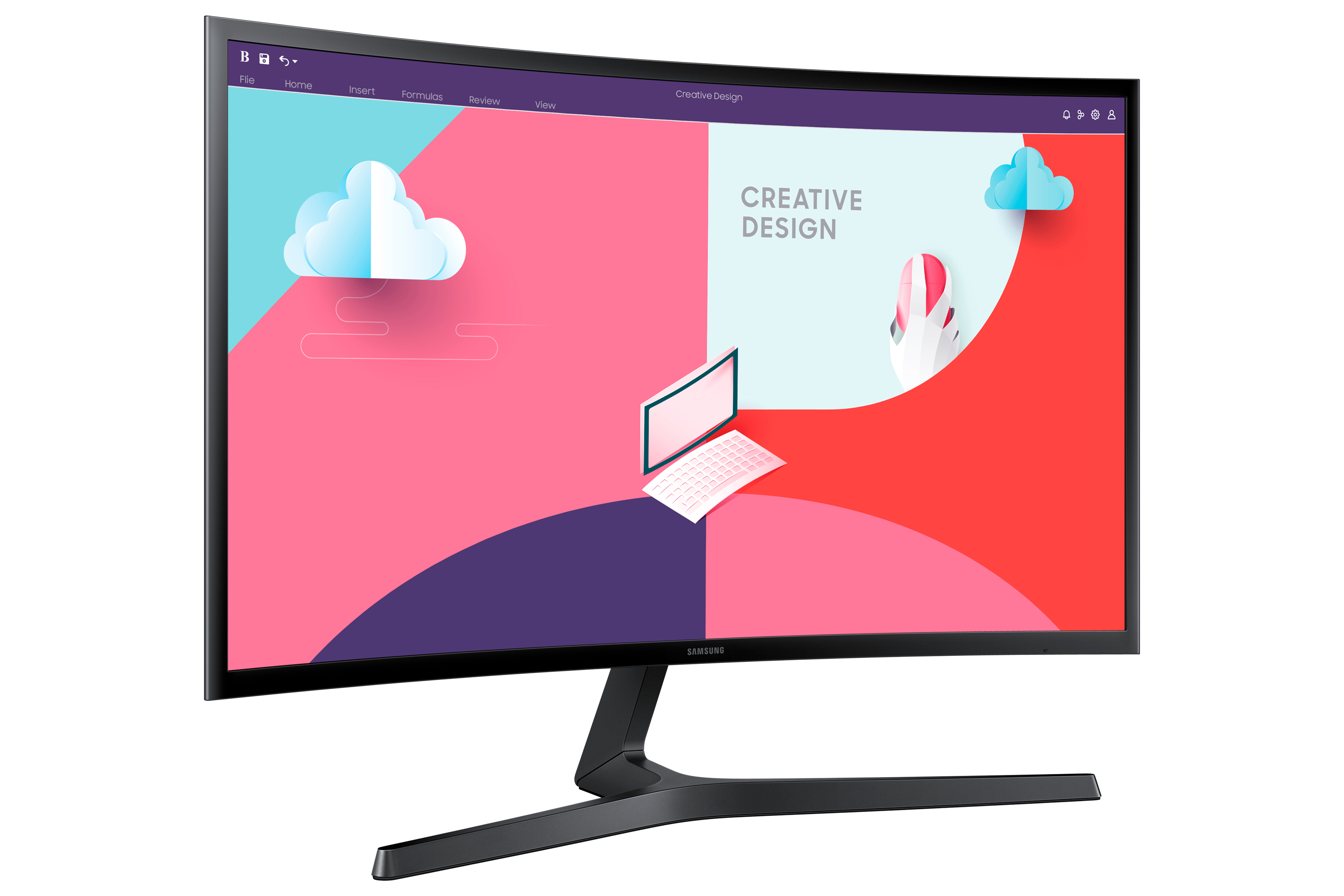 Un monitor curvo che mostra un design creativo con nuvole, un laptop e uno sfondo rosa e blu.