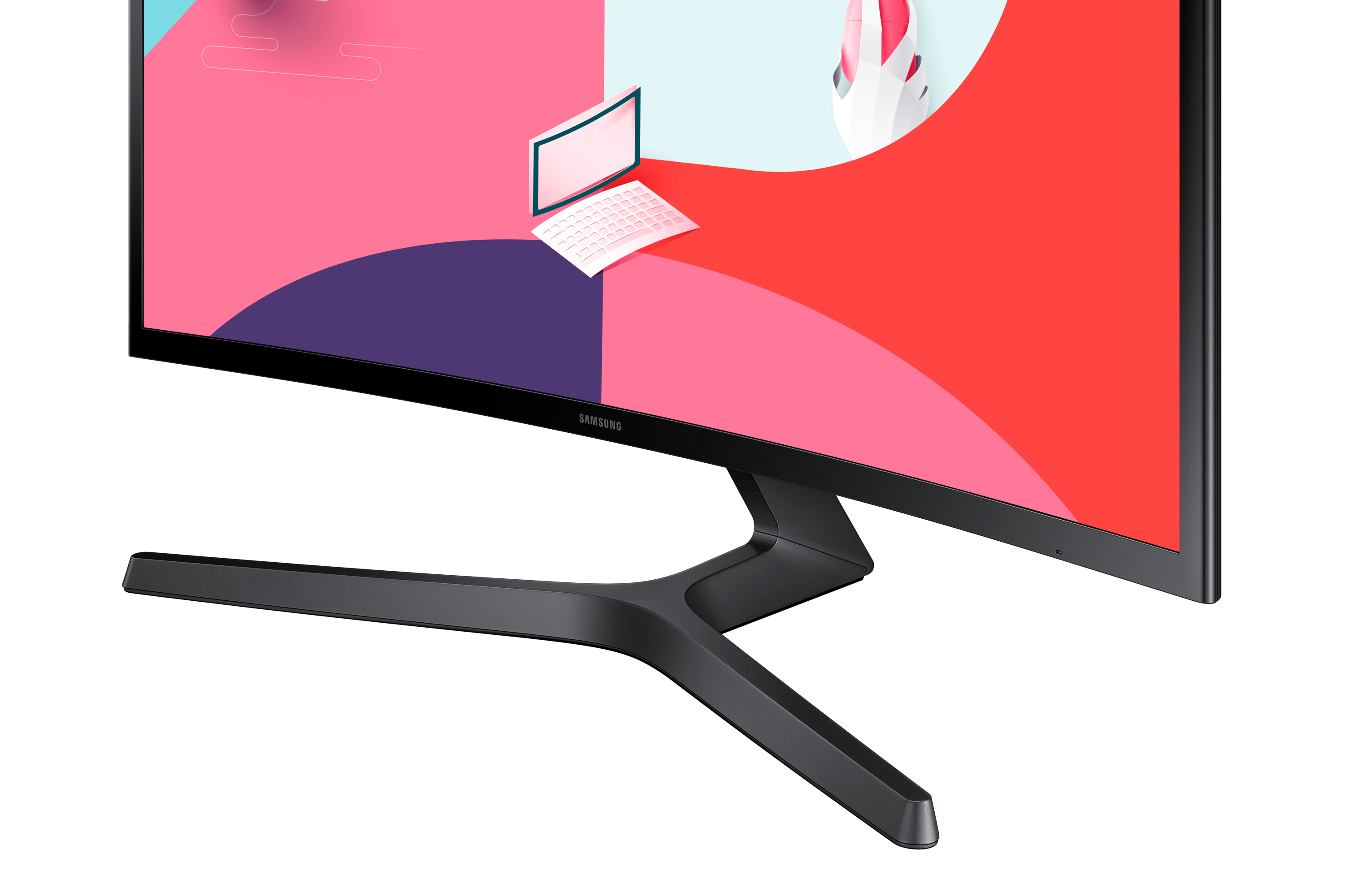 Un monitor negro con un soporte negro, mostrando una pantalla colorida. Aislado sobre blanco.