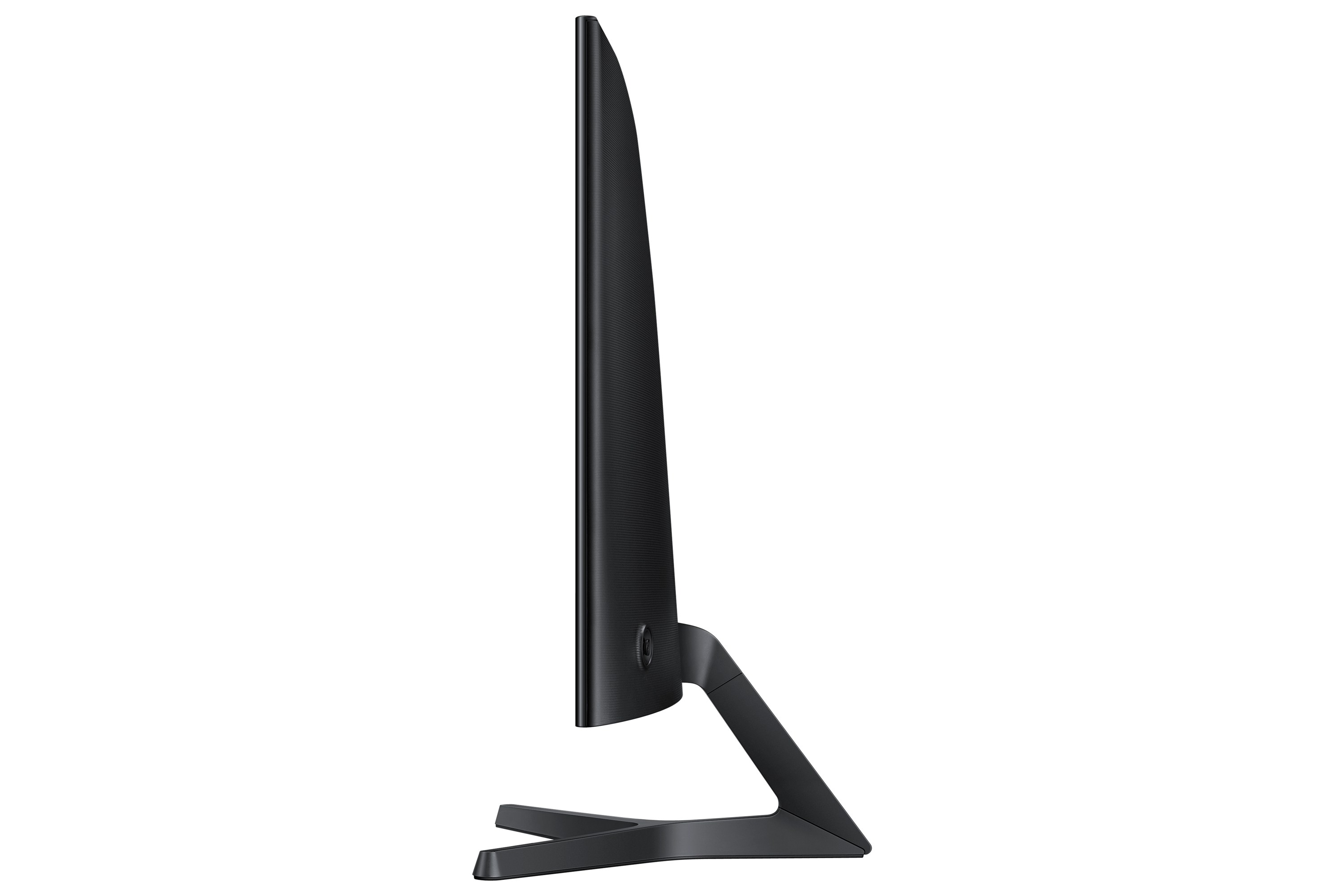 Un monitor negro visto de lado. Tiene un soporte y un logotipo en la parte trasera.