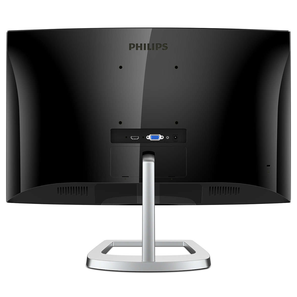 Monitor nero, etichetta Philips, porte e supporto argentato, vista posteriore.