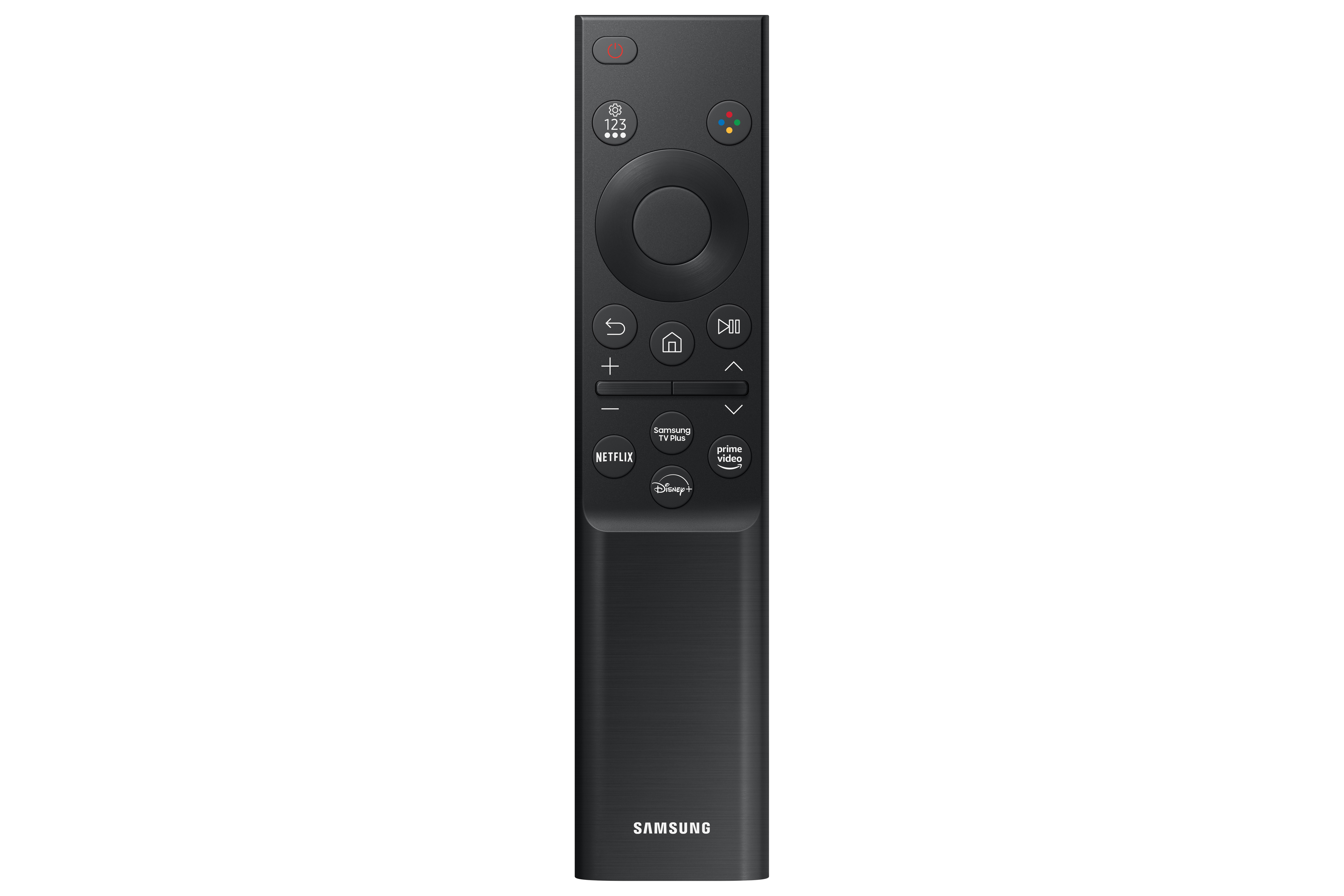Telecomando TV Samsung nero con vari pulsanti.