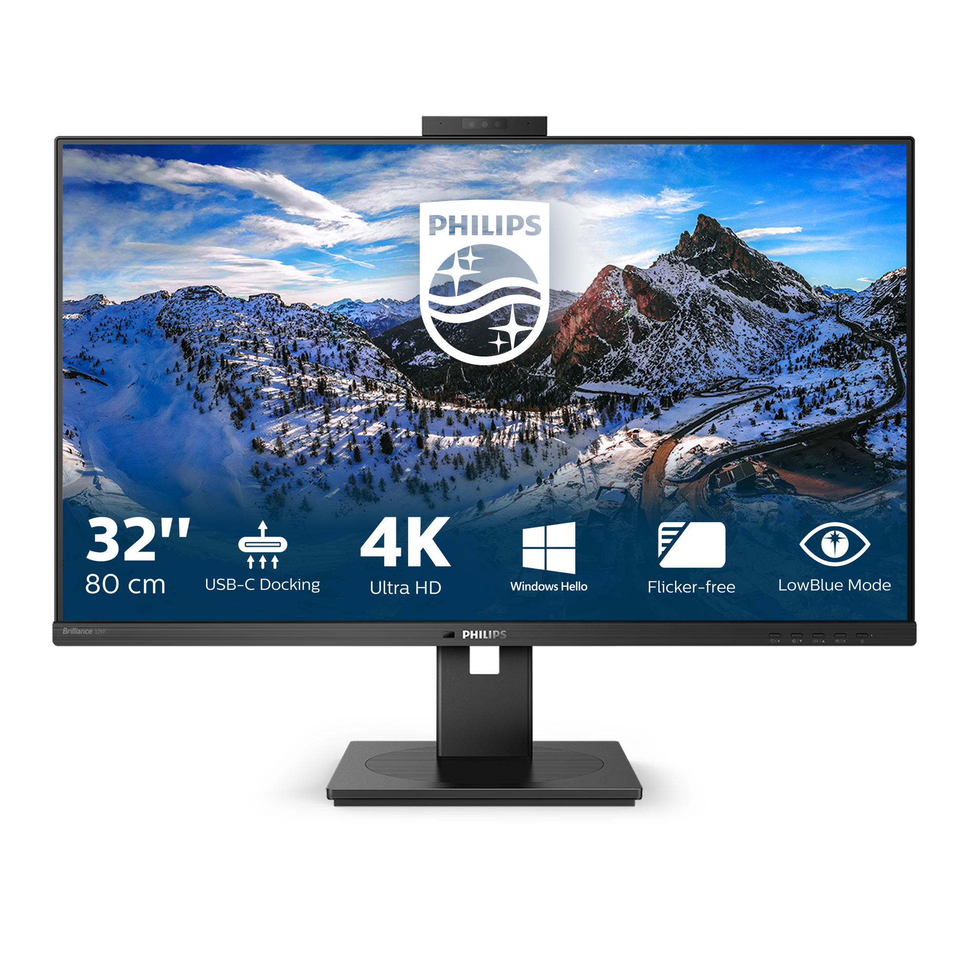 Monitor Philips 32" ze sceną ośnieżonych gór. Tekst: 4K, USB-C Docking, Ultra HD, Windows Hello, Flicker-free.