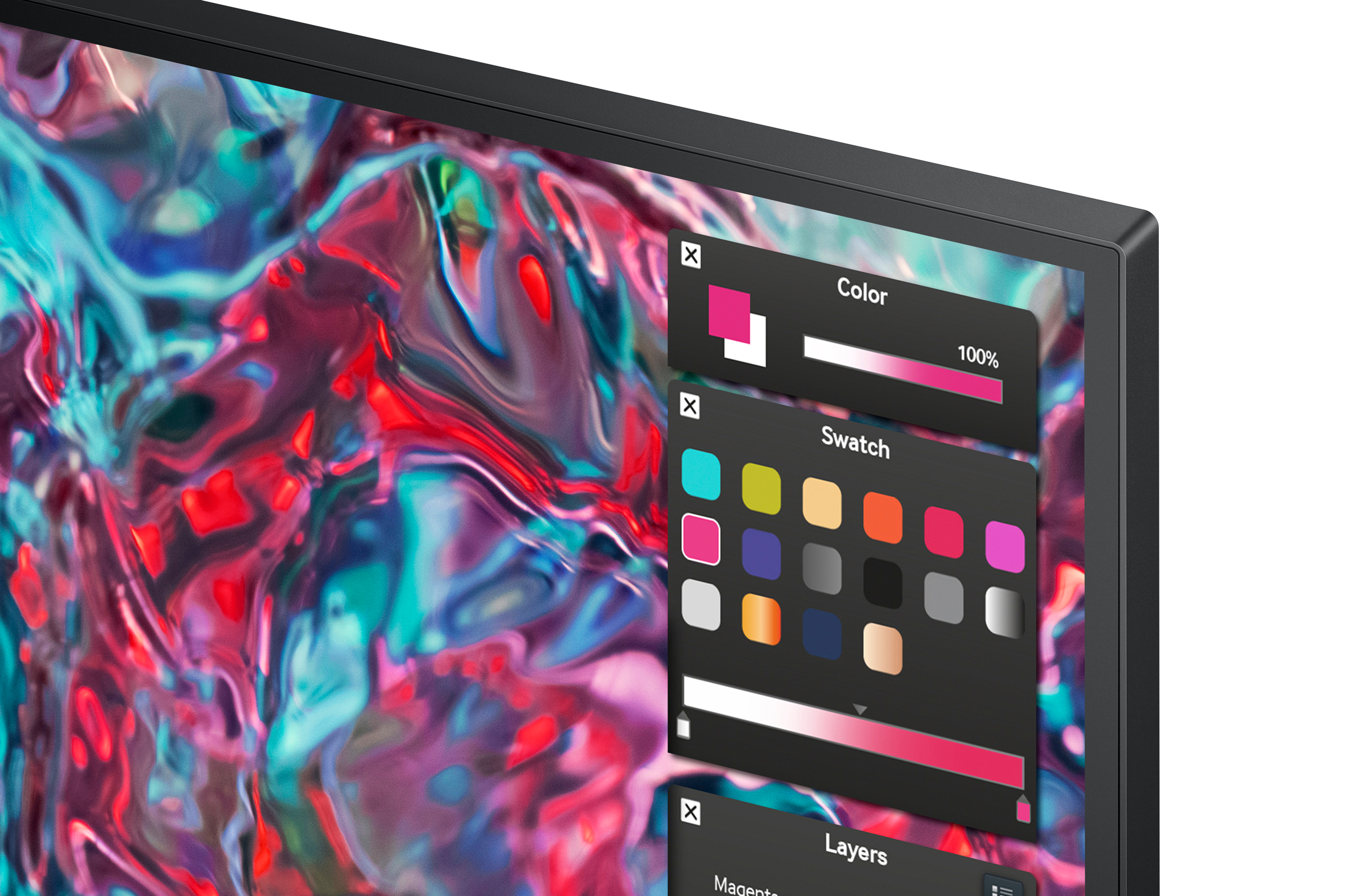 Zbliżenie ekranu z próbnikami kolorów. Czarna ramka i ramka.