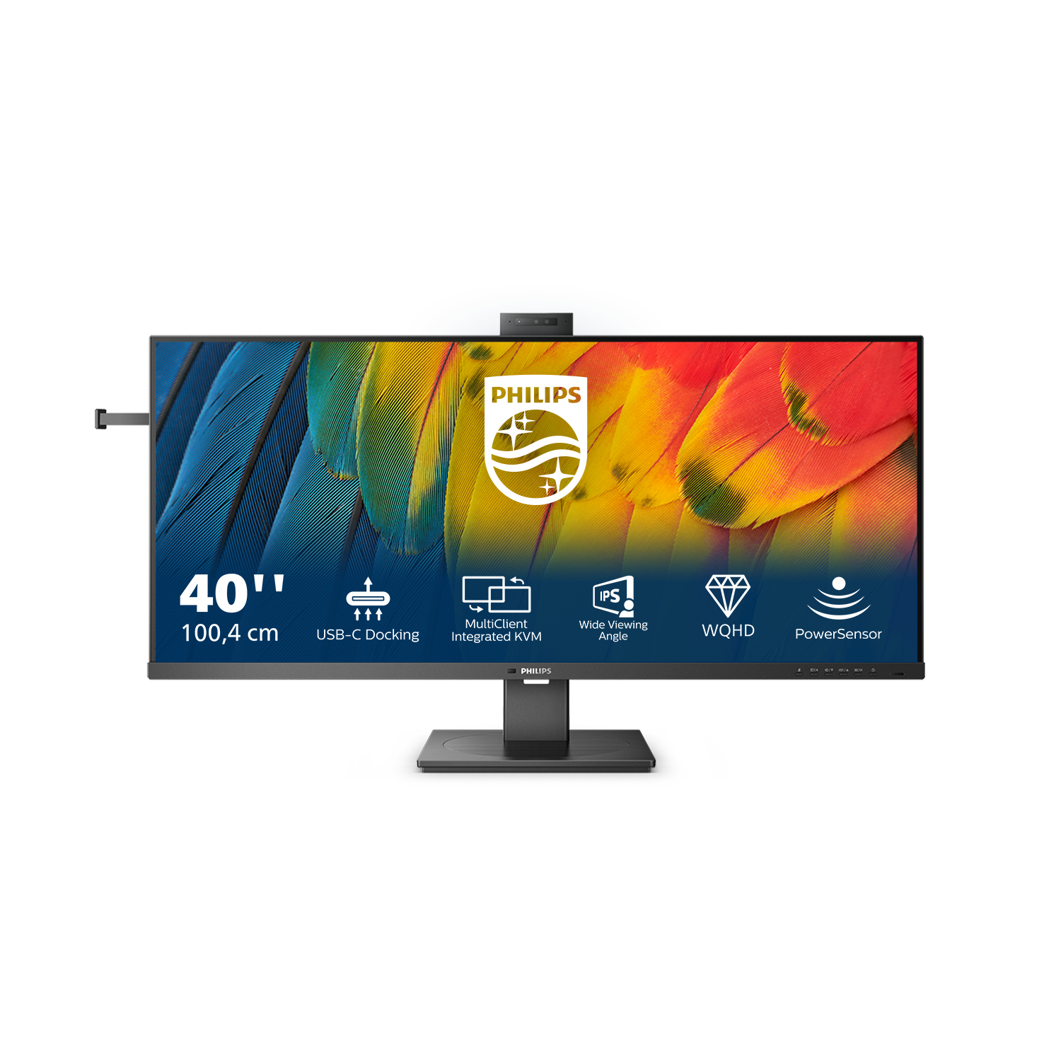 Monitor negro con pantalla colorida. Texto: 40", USB-C Docking, MultiClient y WQHD.