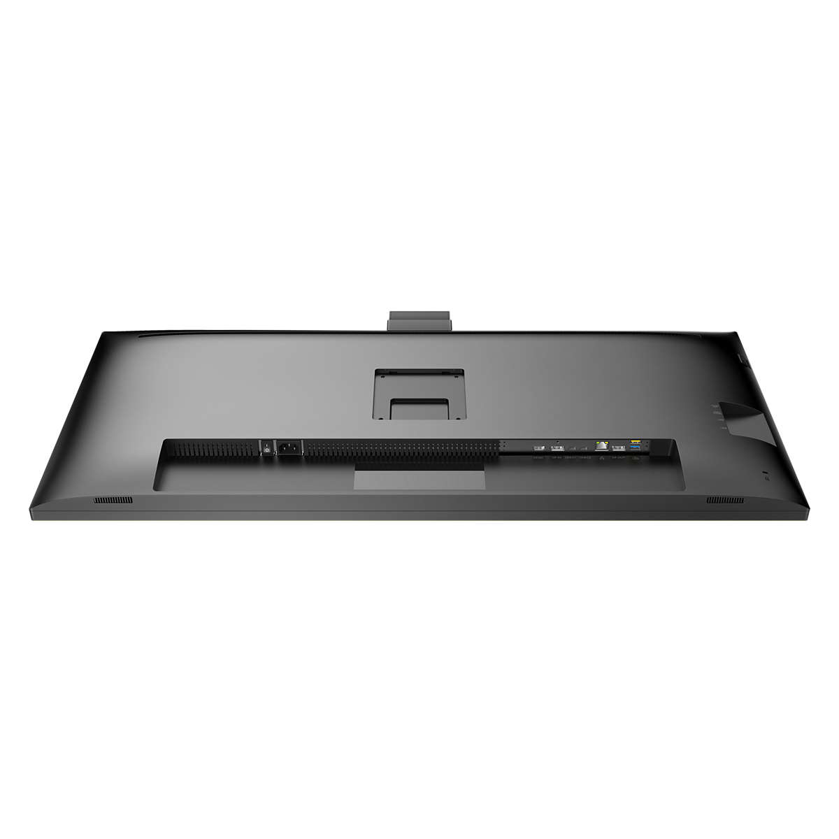 Parte trasera de un monitor de computadora negro que muestra los puertos de alimentación, audio y video.
