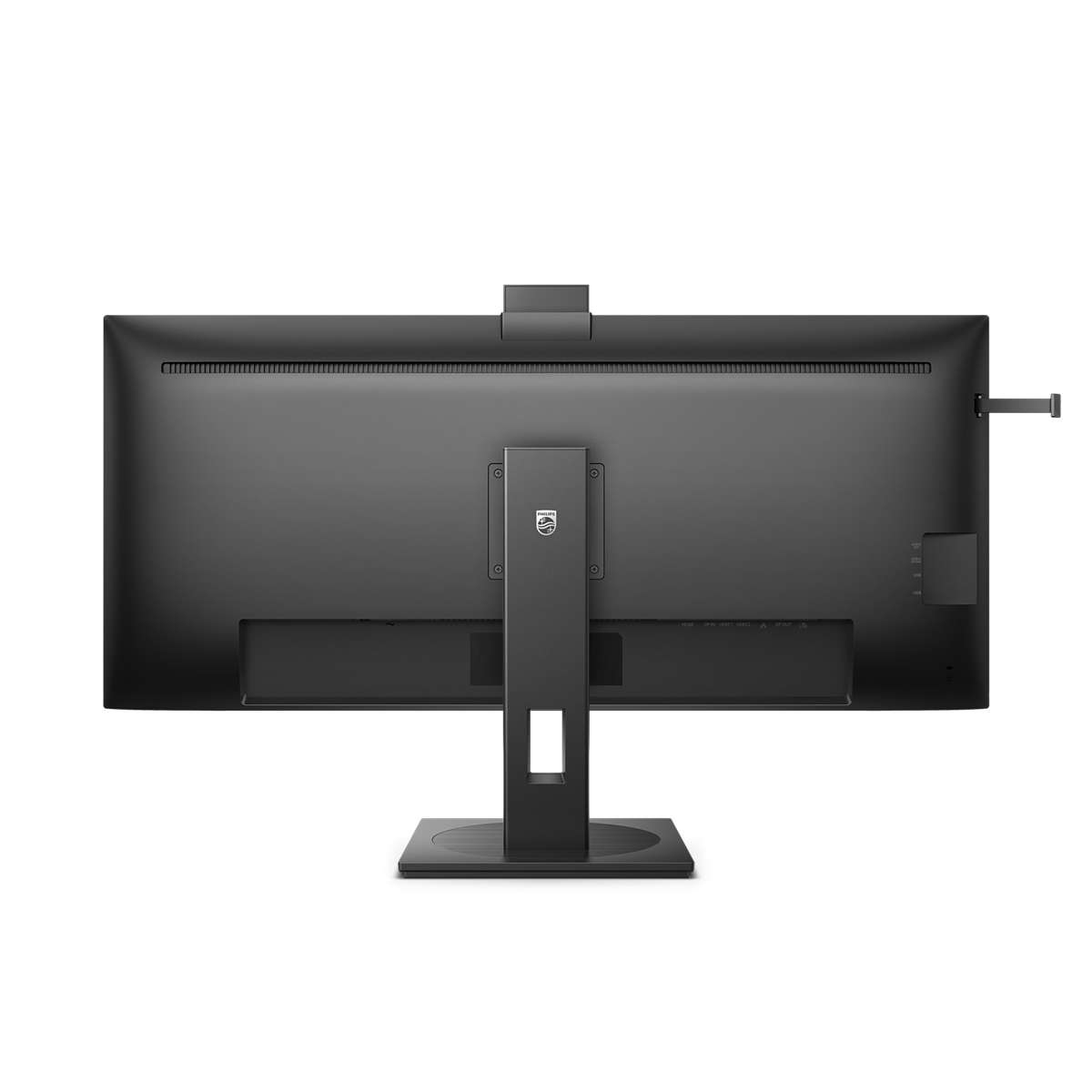 Parte trasera de un monitor negro sobre un soporte negro. El logotipo de Philips es visible.