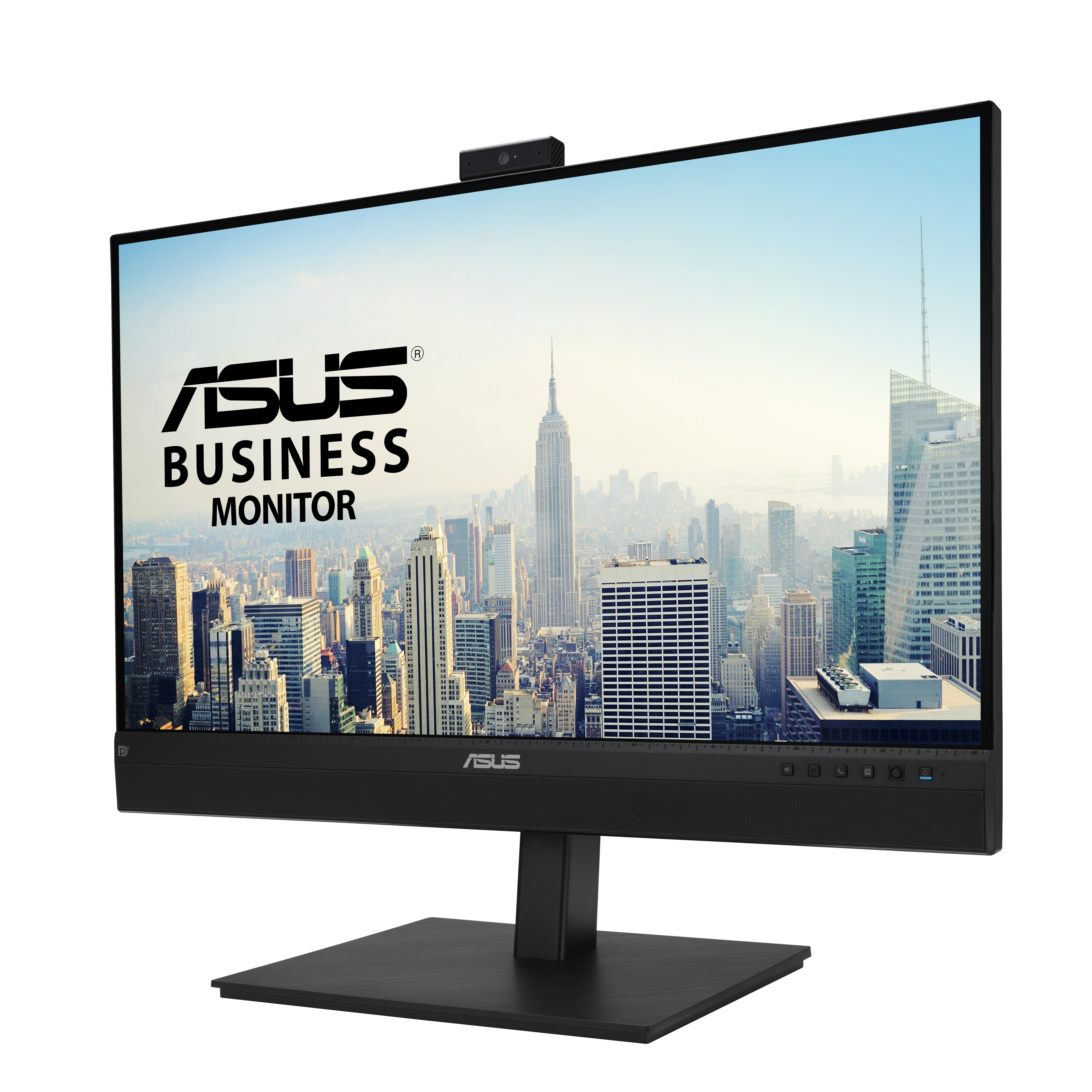 Monitor ASUS Business z kamerą internetową na górze, wyświetlający widok miasta. Stoi na czarnej podstawie.