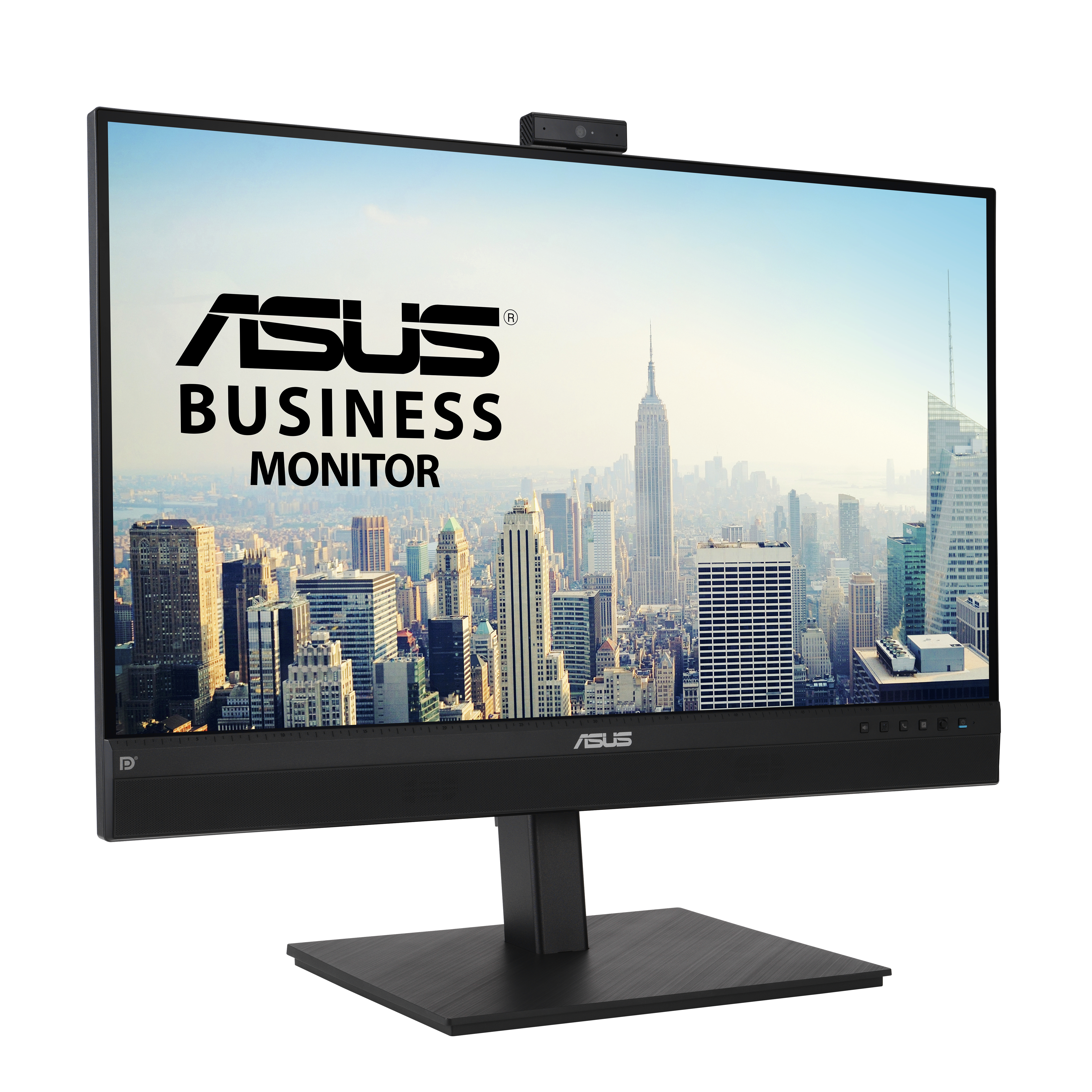 Monitor ASUS Business wyświetla panoramę miasta i logo ASUS, z kamerą internetową na górze.