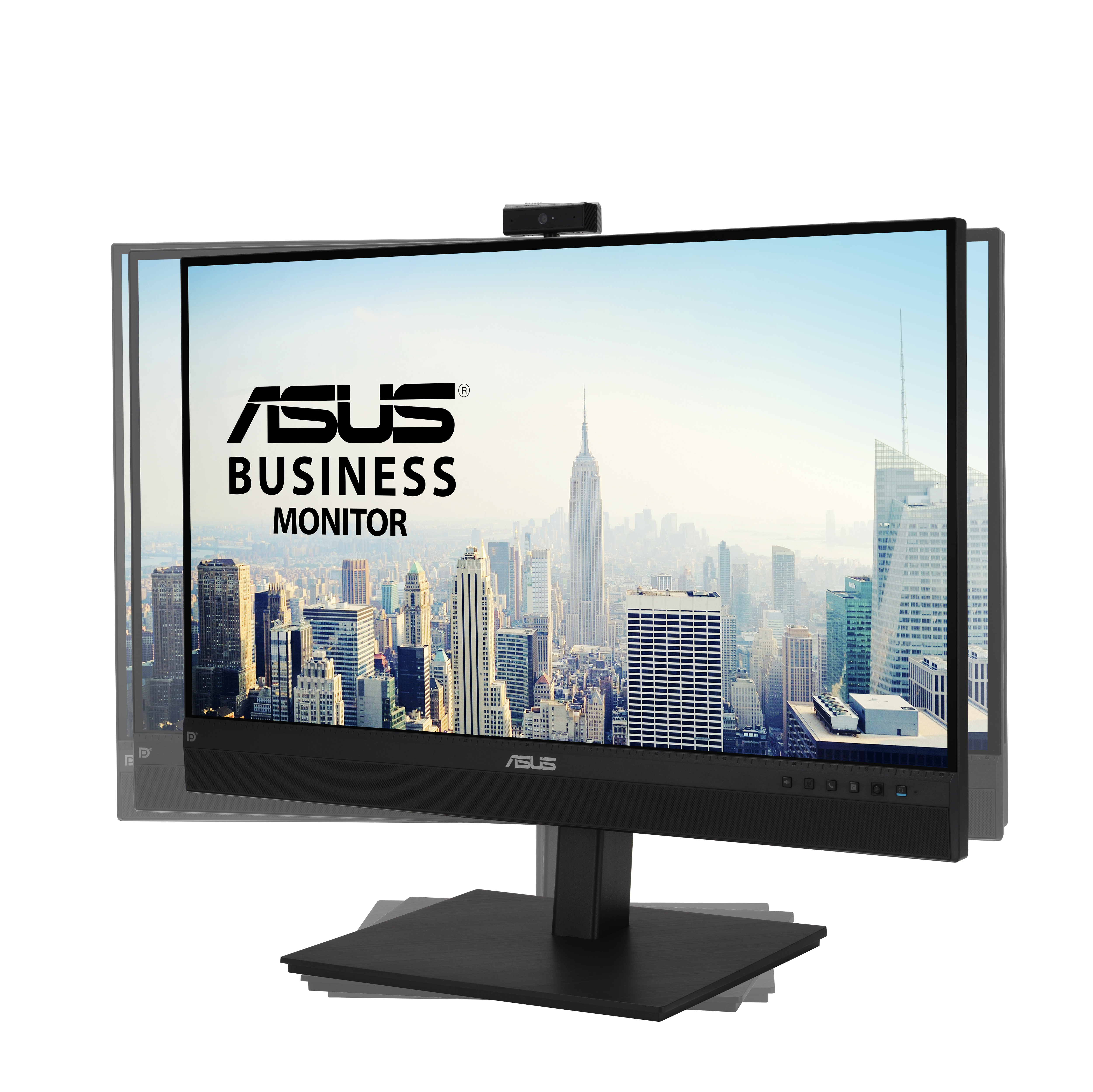 Monitor ASUS Business z kamerą internetową, tłem w postaci krajobrazu miejskiego, czarną podstawą i ramką.