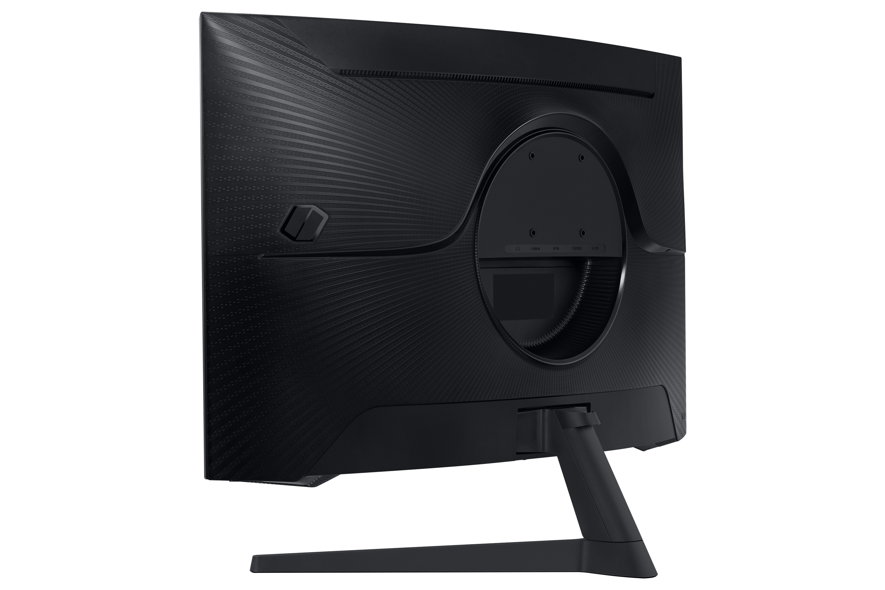Retro del monitor nero con superficie strutturata. Porte visibili, insieme al supporto e al logo.