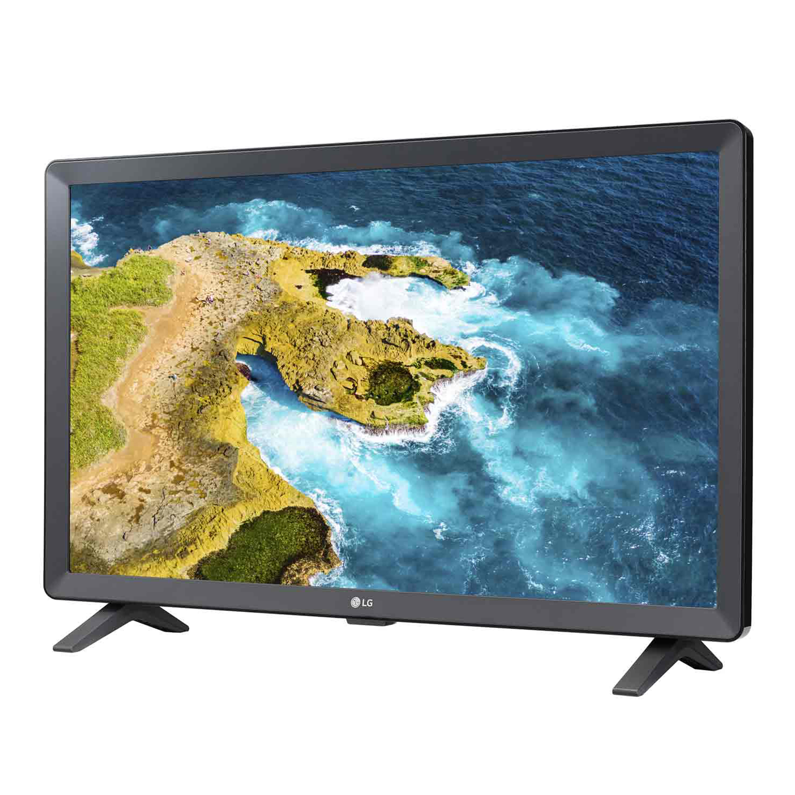 Un televisore LG mostra una scena costiera con spiaggia e oceano.