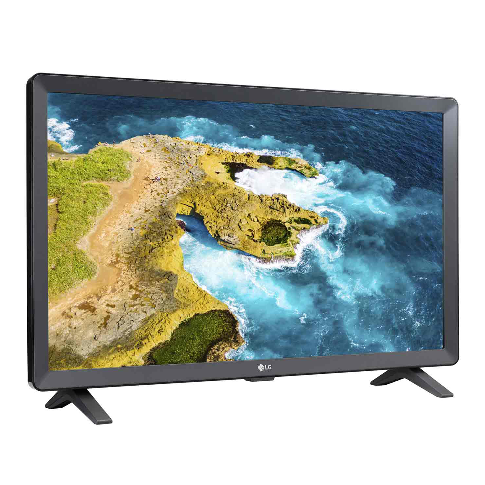 Una piccola TV nera con una scena di spiaggia sullo schermo. La TV è su un supporto nero.