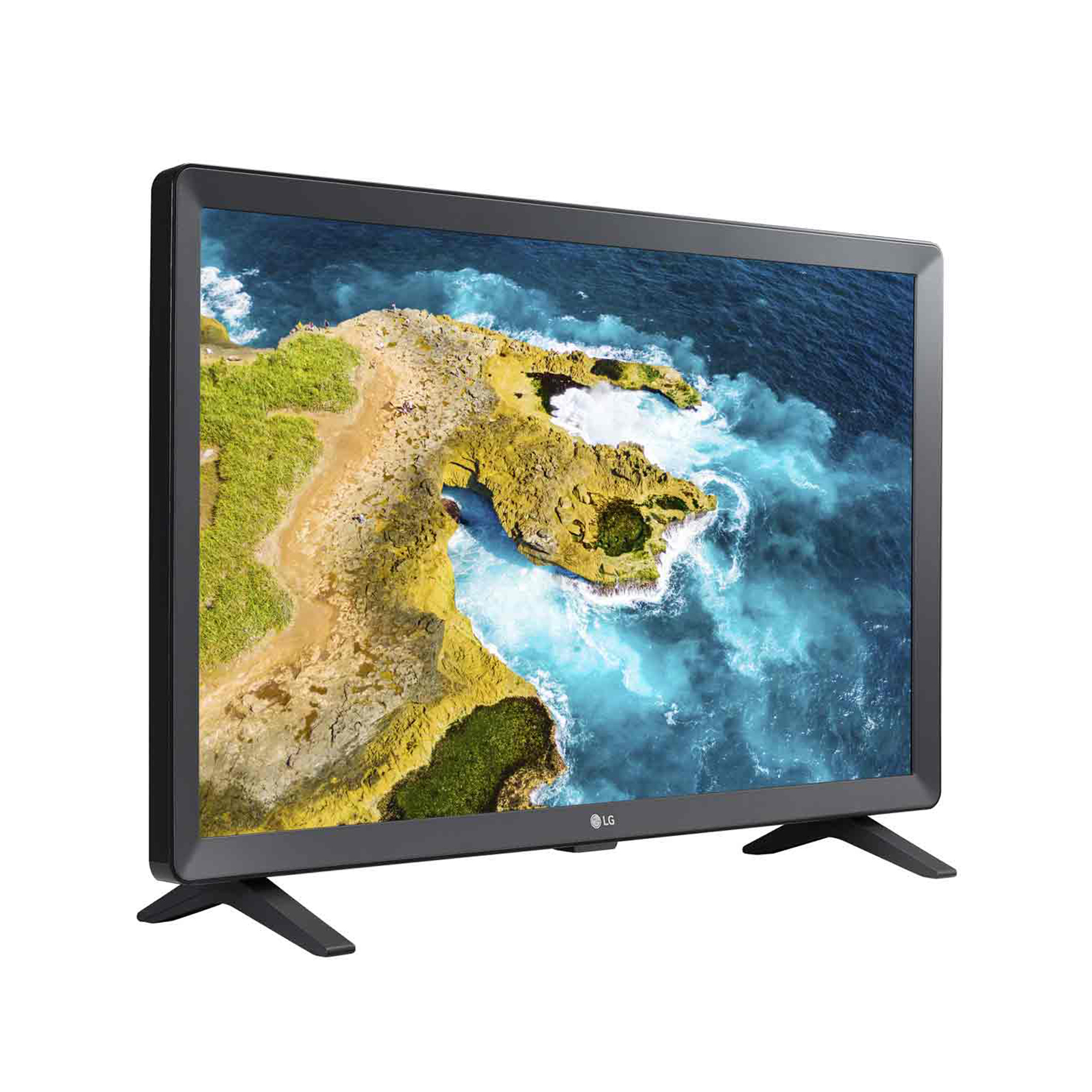 Un TV LG angolato verso destra. Mostra una scena costiera. Il TV ha una cornice nera.