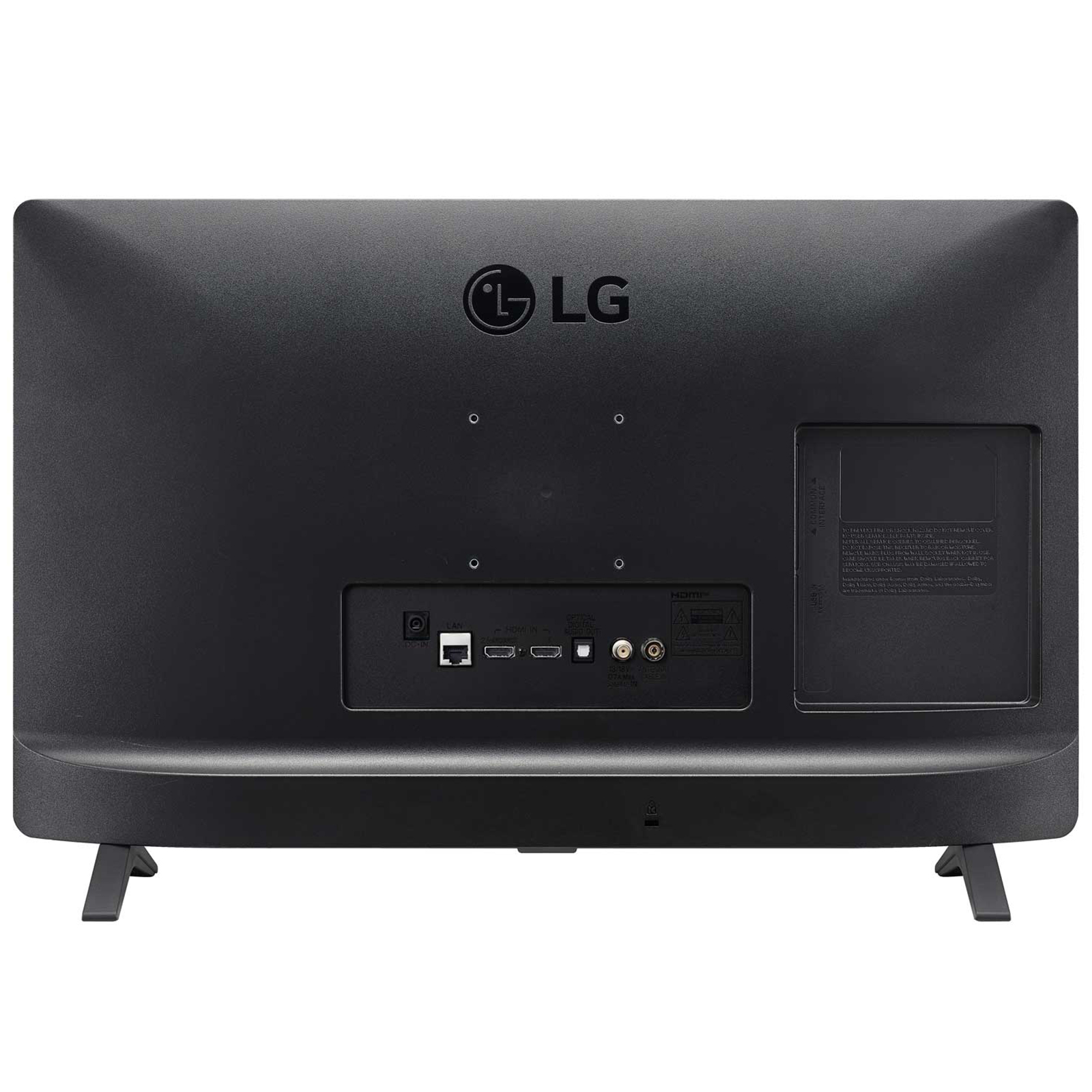 Retro di un televisore LG nero con porte e connessioni visibili.
