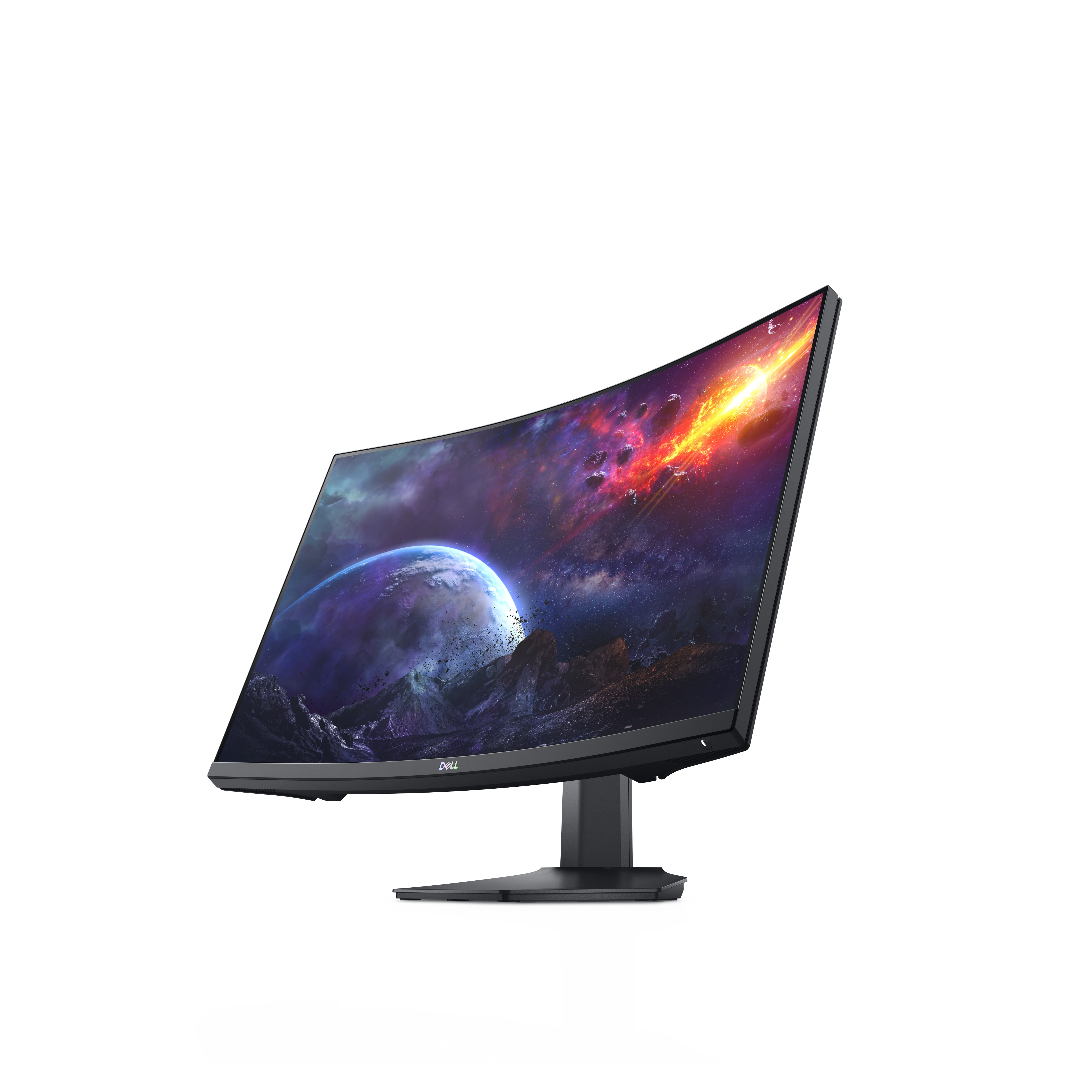Un monitor Dell curvo mostra un'immagine a tema spaziale. È su un supporto nero e ha una cornice nera.