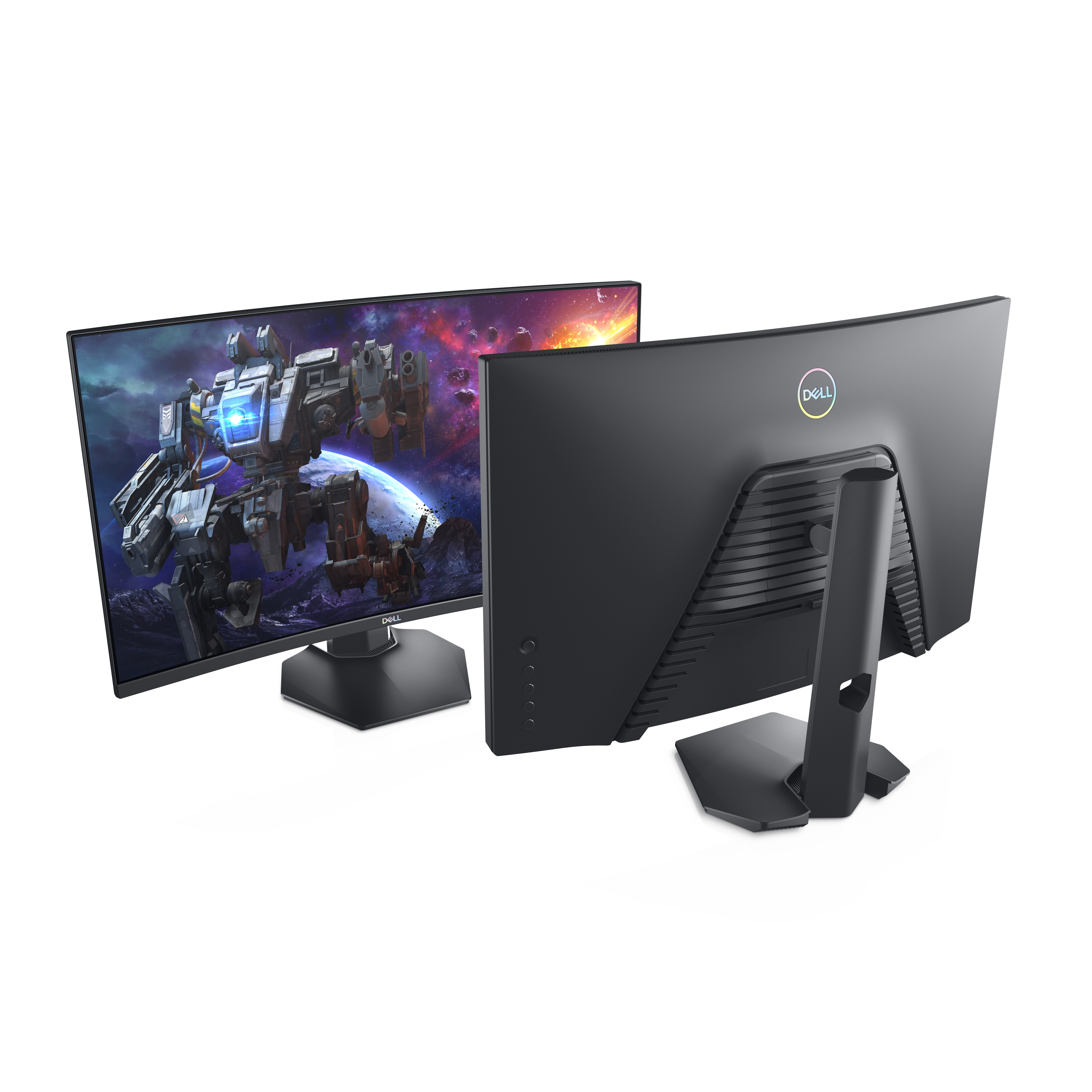 Vengono mostrati due monitor. Uno mostra una scena di robot, l'altro mostra il retro del monitor.
