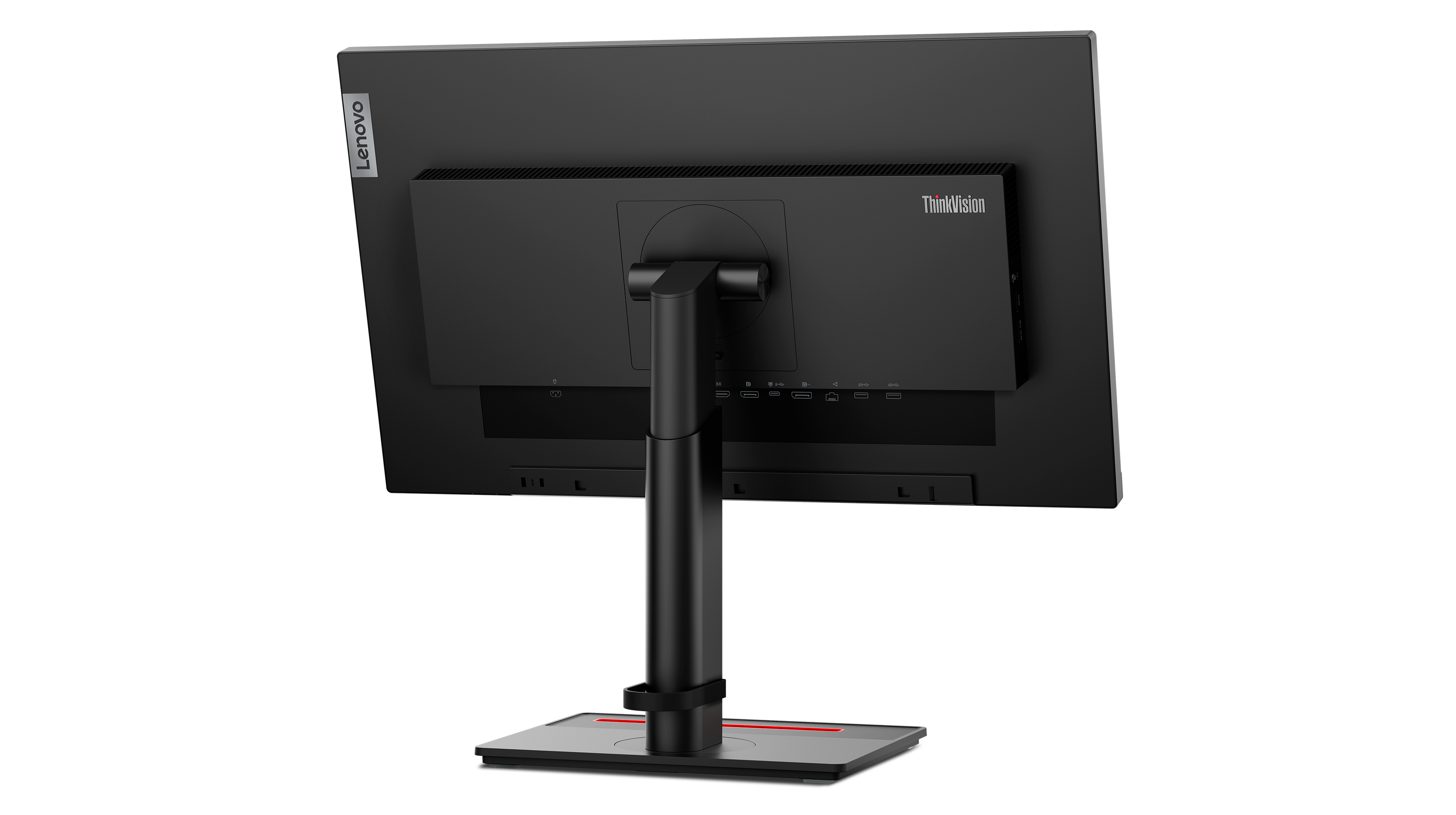 Widok z tyłu czarnego monitora Lenovo ThinkVision, pokazujący porty i podstawę.
