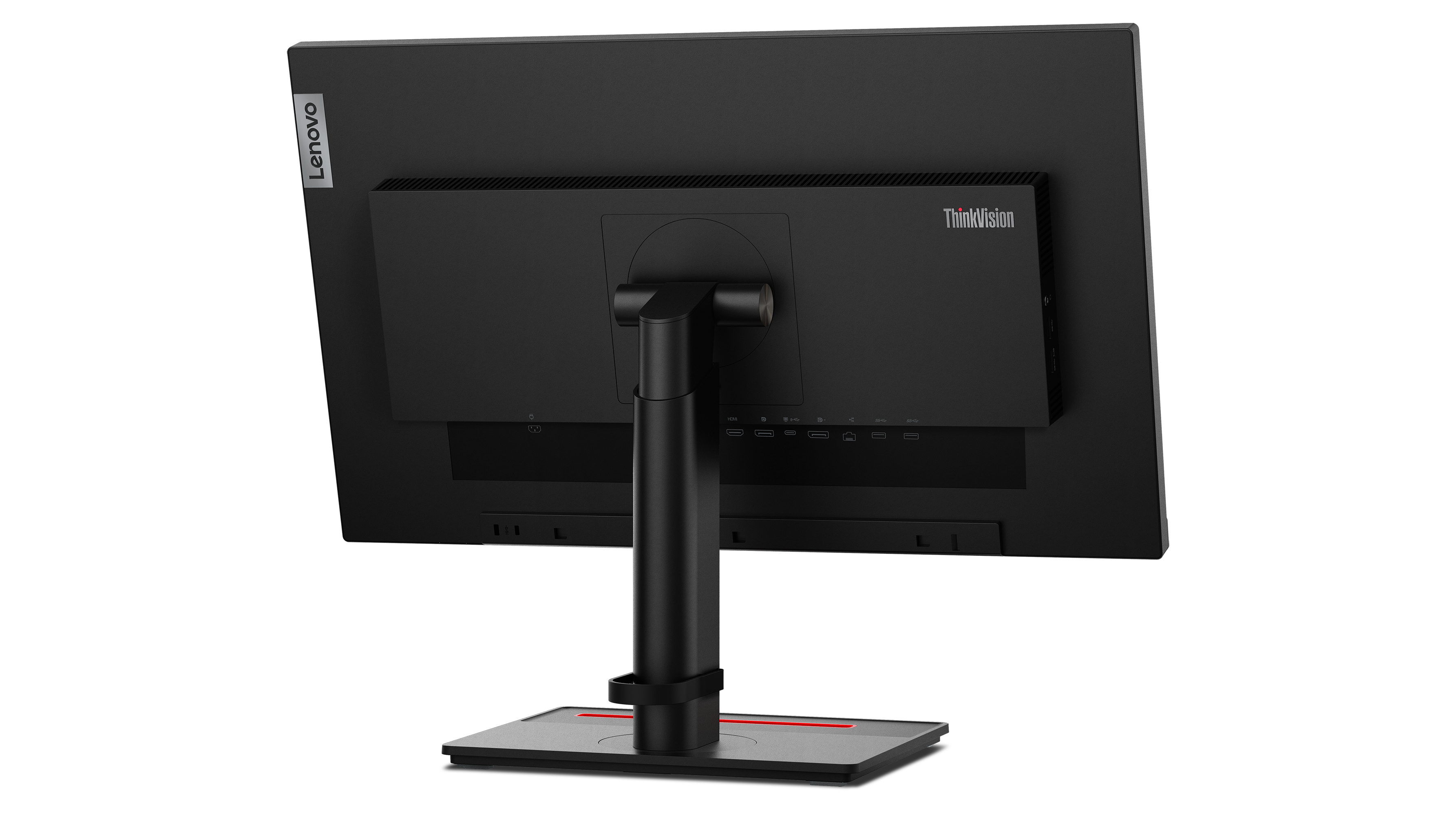 Tył monitora Lenovo ThinkVision. Tył jest czarny z portami i podstawą.