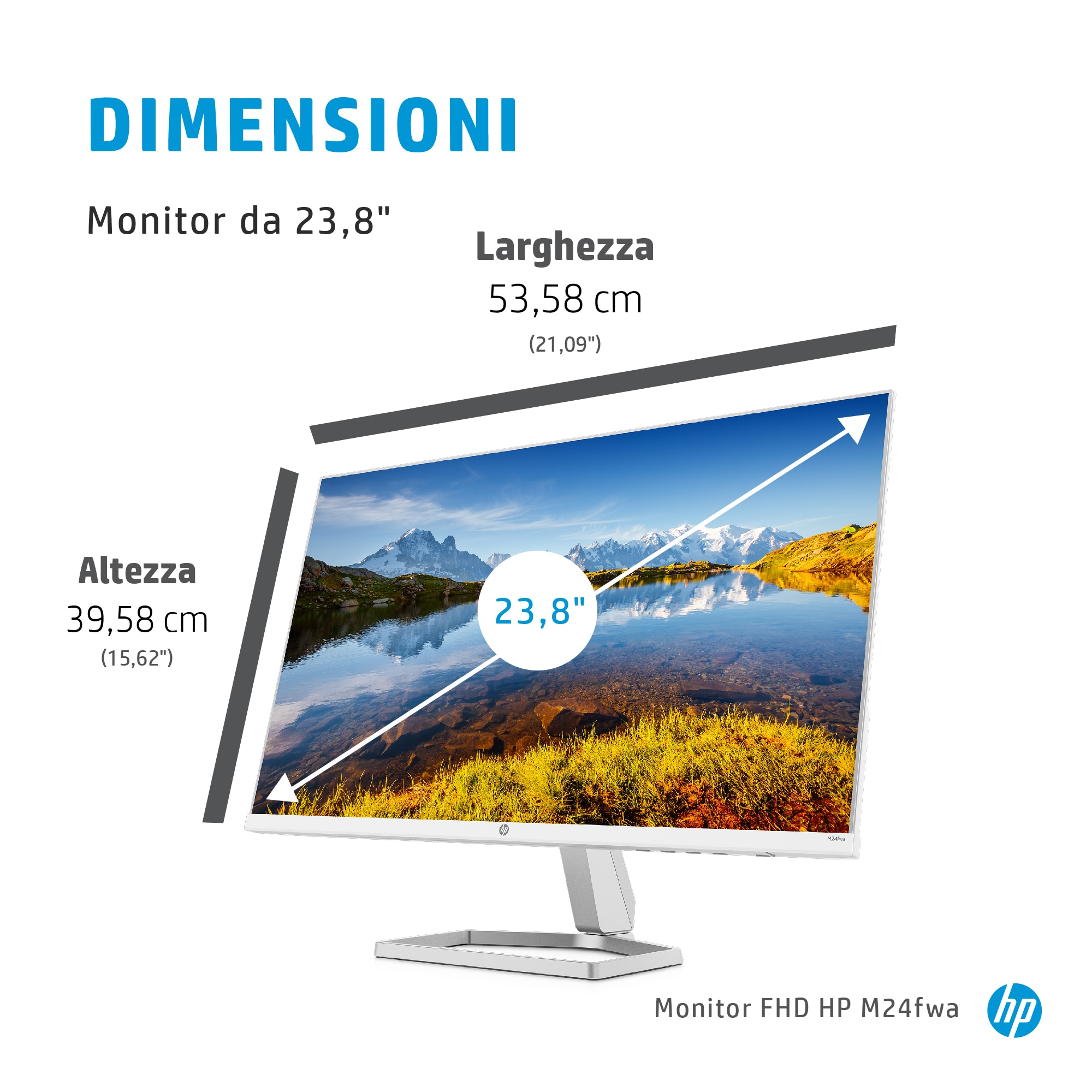 Dimensioni del monitor mostrate con testo e misure. Un monitor mostra un'immagine, con sfondo bianco.
