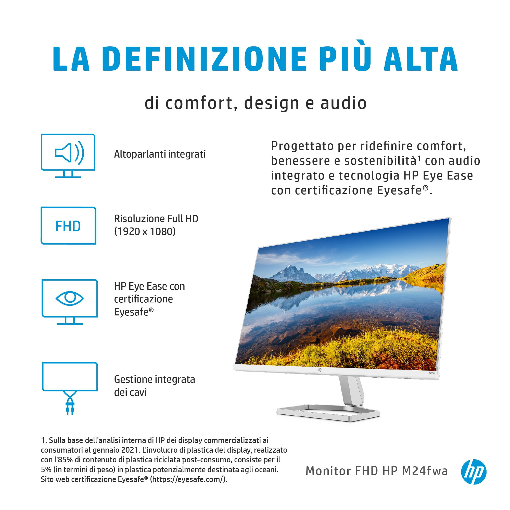 Un foglio informativo del prodotto con dettagli su un monitor, con valori e unità.