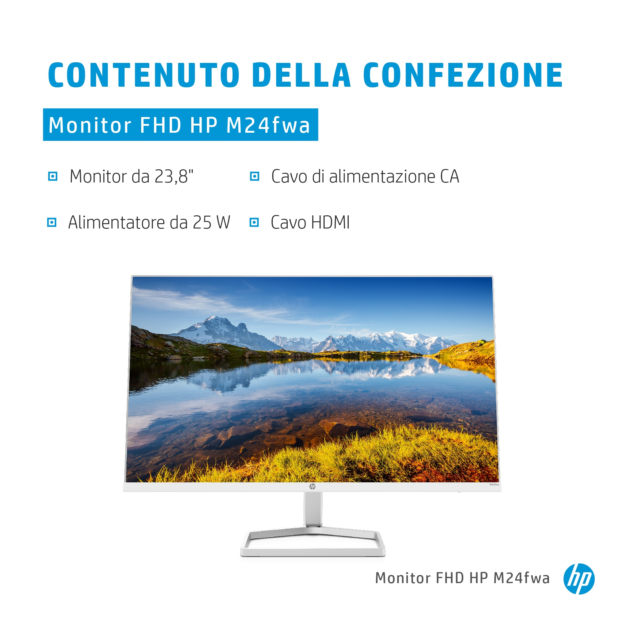 Immagine che mostra il contenuto del pacchetto monitor HP M24fwa, con monitor e cavi.